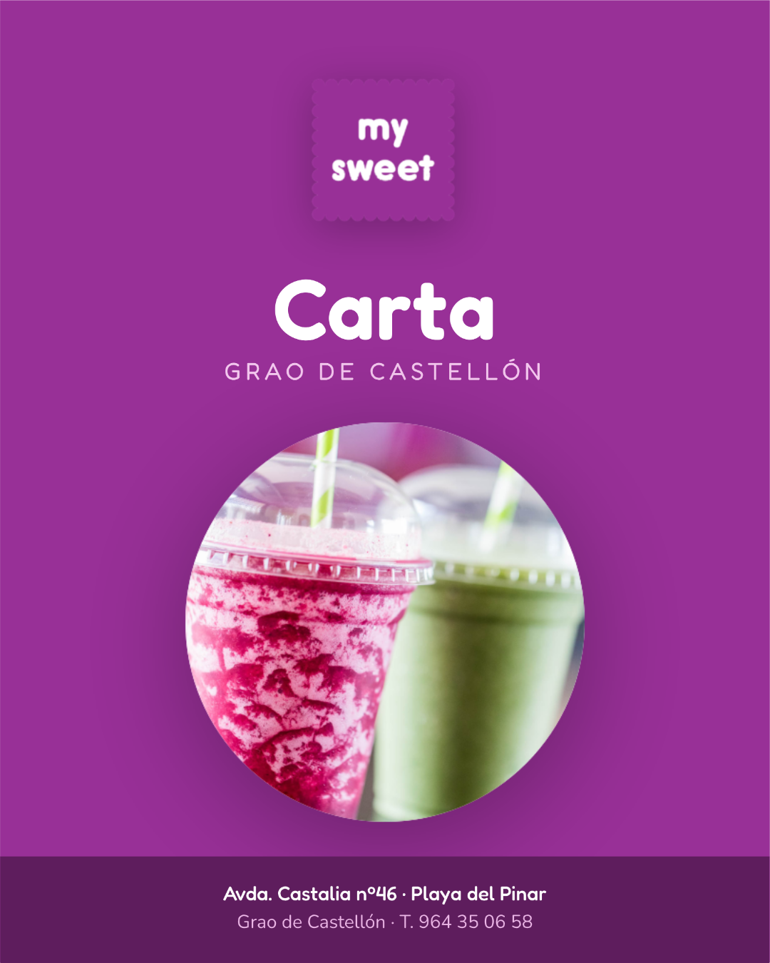 Dos batidos en vasos de plástico, uno rojo y otro verde, sobre un fondo morado con texto de Carta en Grao de Castellón