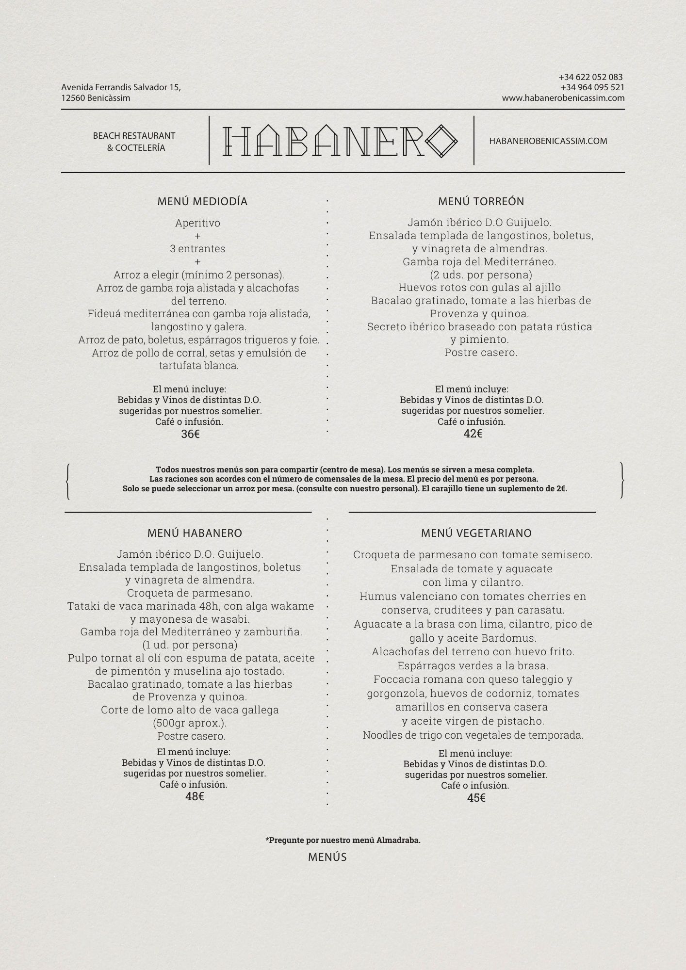 Menú del restaurante Habanero con opciones de aperitivos, platos principales y postres, incluyendo menú vegetariano.