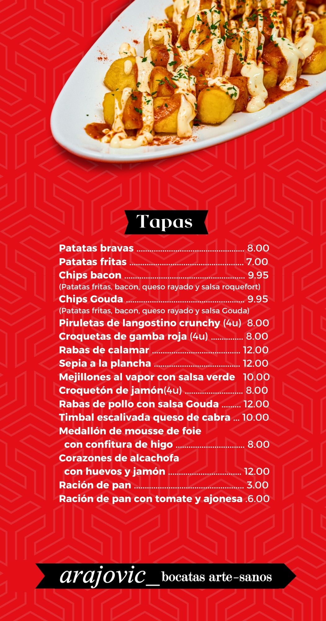 Menú de tapas sobre fondo rojo con precios y platos como patatas bravas, rabas de calamar y croquetas de jamón.