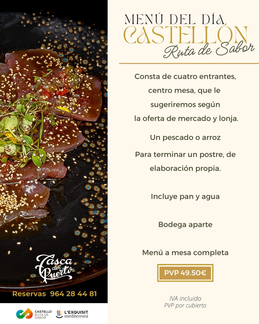 Plato de carpaccio de carne con sésamo y rúcula, menú del día de Castellón con precio y detalles de contacto.