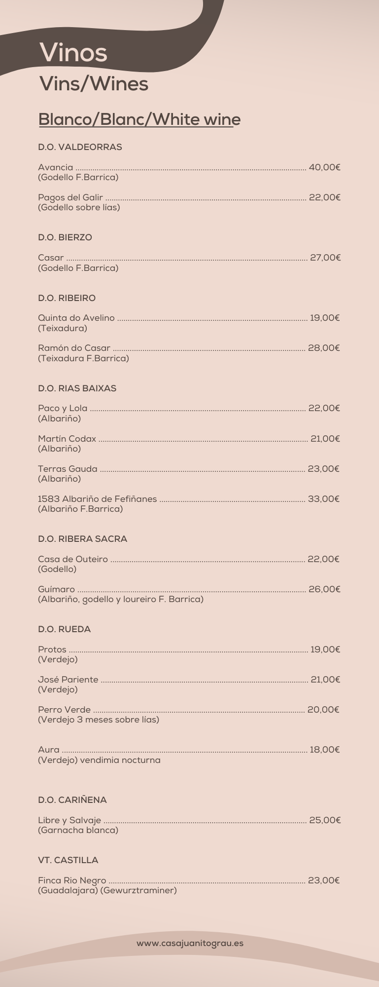 Lista de vinos blancos con denominación de origen y precios, incluyendo Valdeorras, Bierzo, Ribeiro, Rías Baixas, y más.