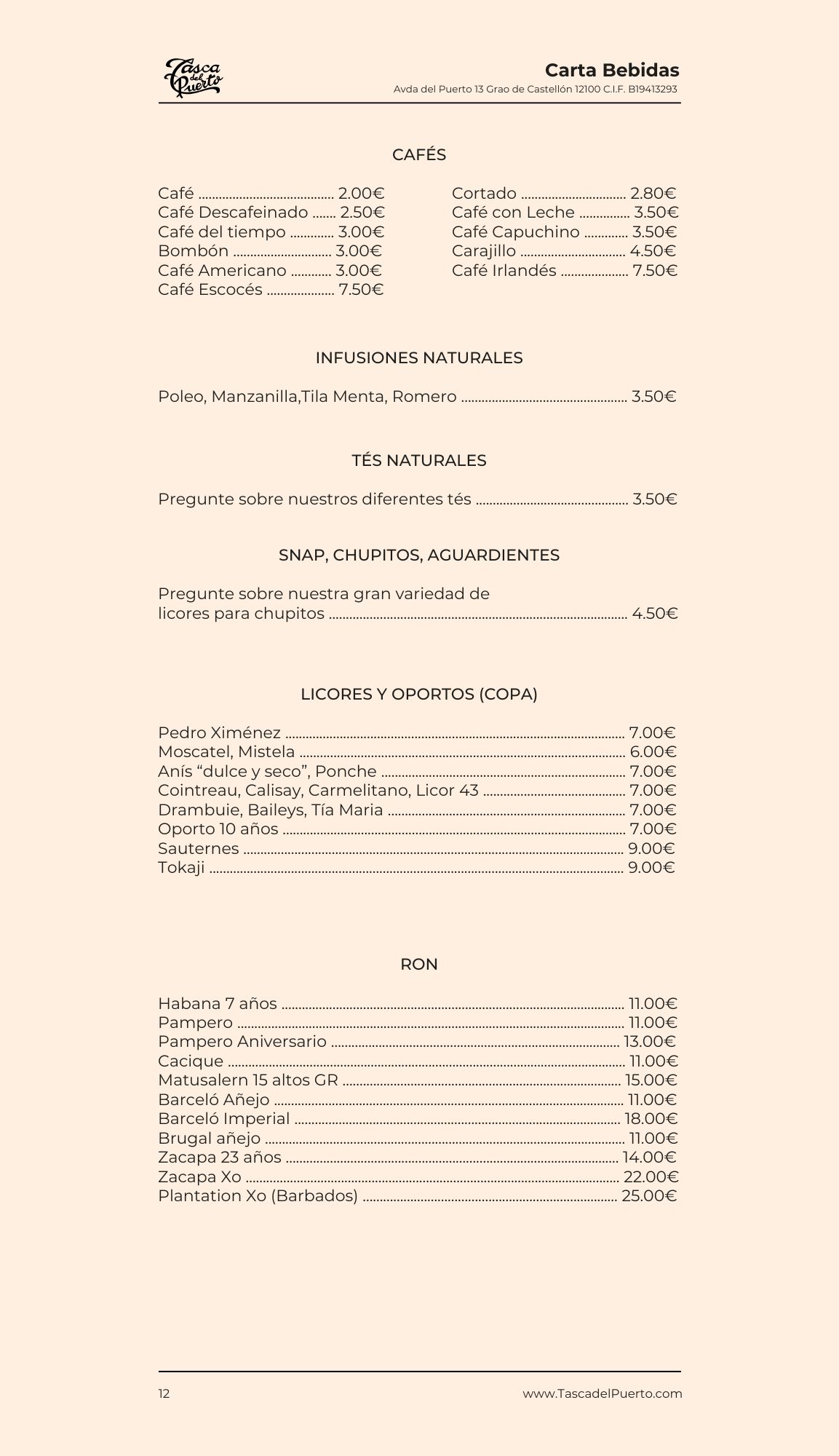 Menú de bebidas con precios, incluye cafés, infusiones, tés, licores, oportos y ron en Carta Multimedia.