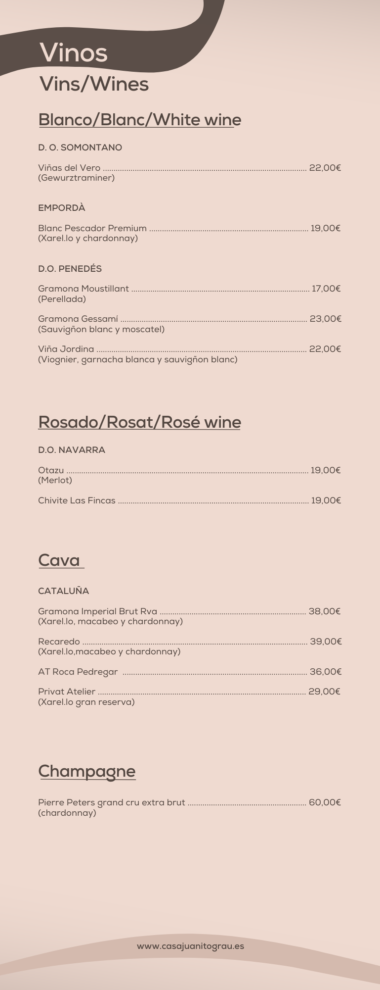 Menú de vinos con secciones de blanco, rosado, cava y champán, mostrando precios y denominaciones de origen.