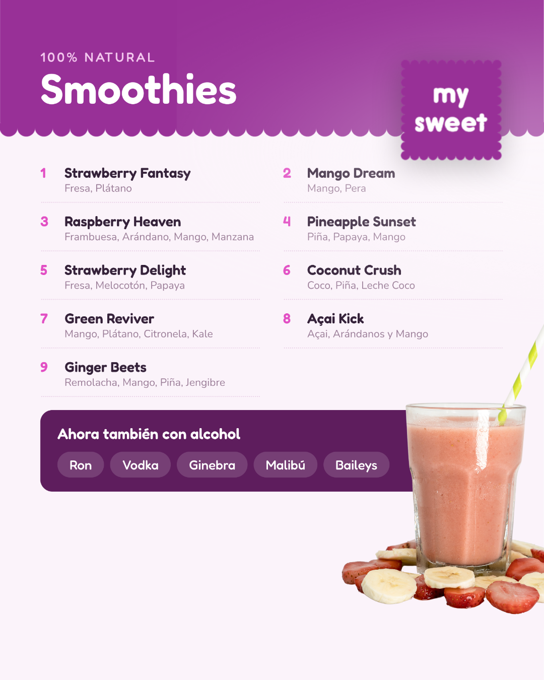 Menú de smoothies naturales con opciones como fresa, mango y frambuesa. Incluye versión con alcohol y vaso de smoothie.