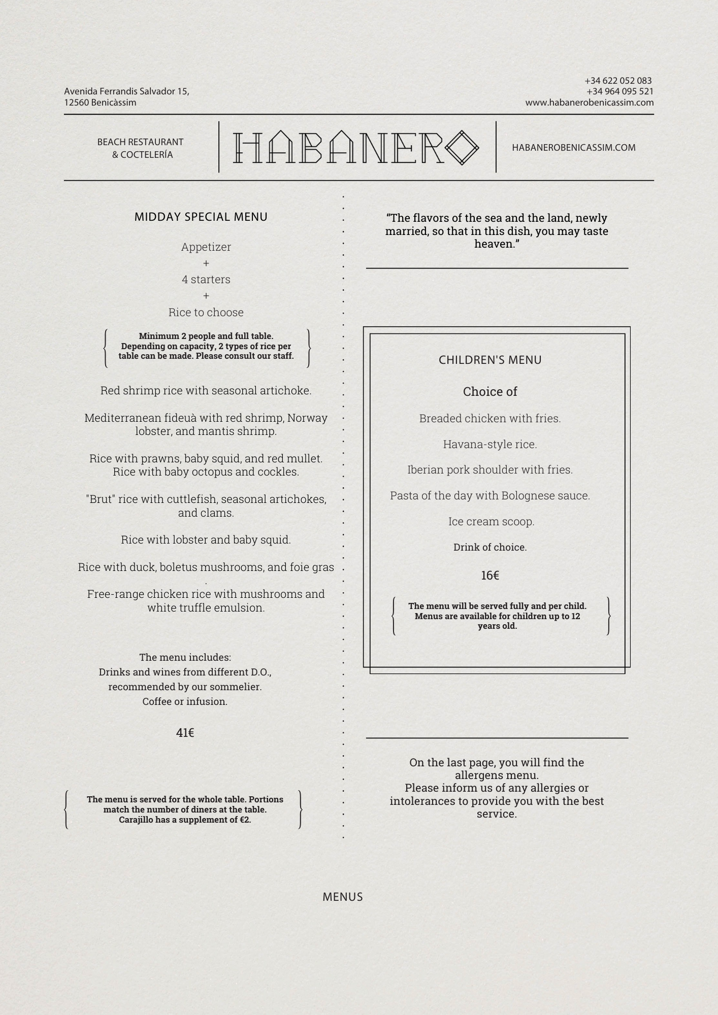 Menú de restaurante Habanero con opciones de almuerzo y menú infantil, incluye platos de mariscos y postres.