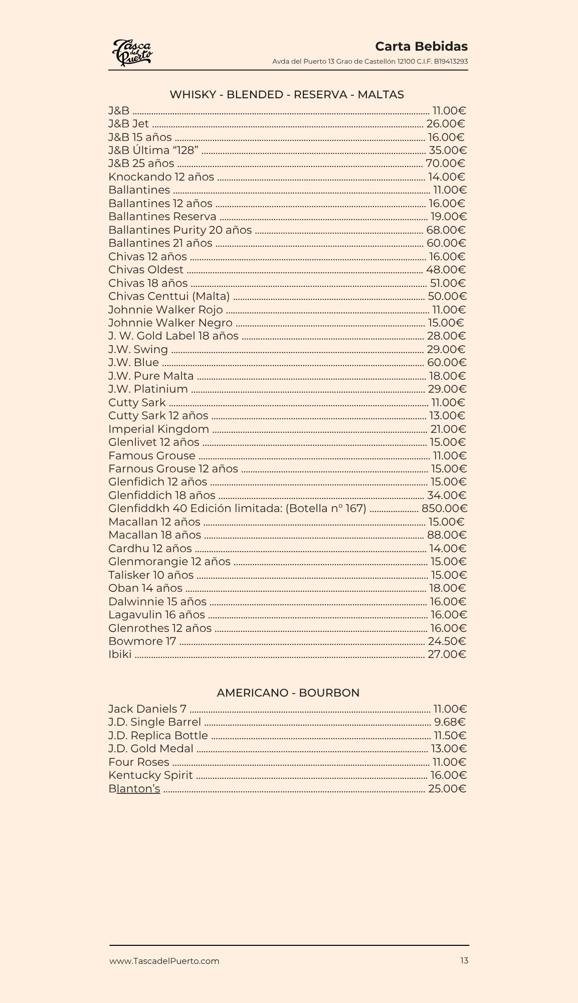Menú de bebidas con precios, incluyendo whiskies y bourbons como J&B, Chivas, Ballantines y Jack Daniel's.