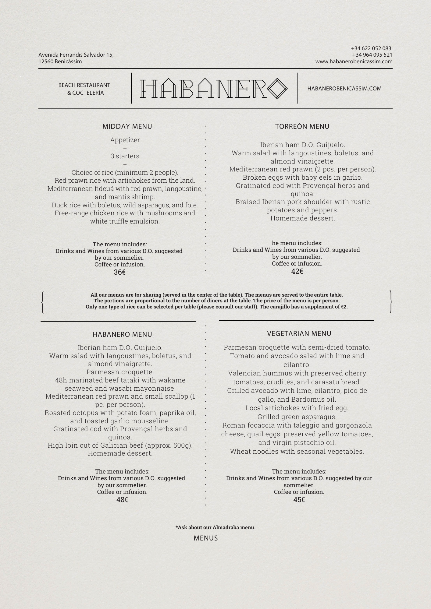 Menú de restaurante Habanero con secciones de almuerzo, cena, menú Habanero y vegetariano, precios en euros