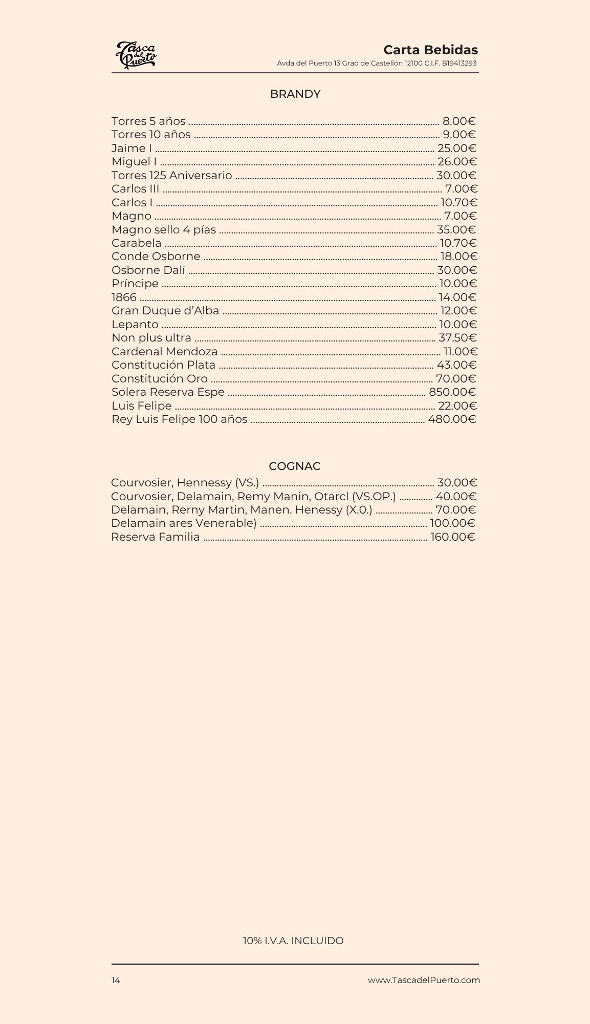 Lista de bebidas con precios, incluyendo brandy y coñac, en el menú de Carta Multimedia, página 12.