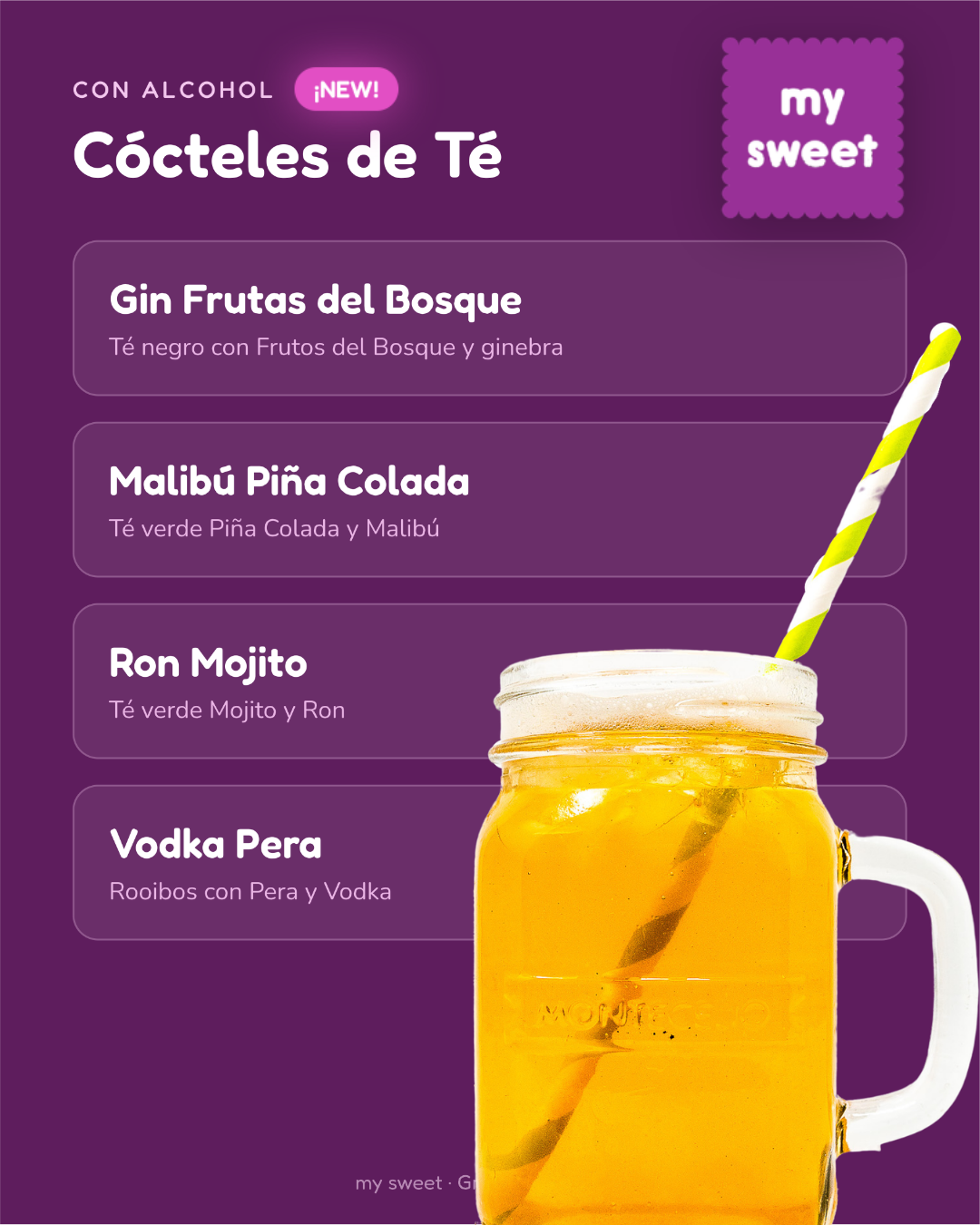 Menú de cócteles de té con alcohol, incluye Gin Frutas del Bosque y Vodka Pera, vaso con bebida amarilla y pajita.