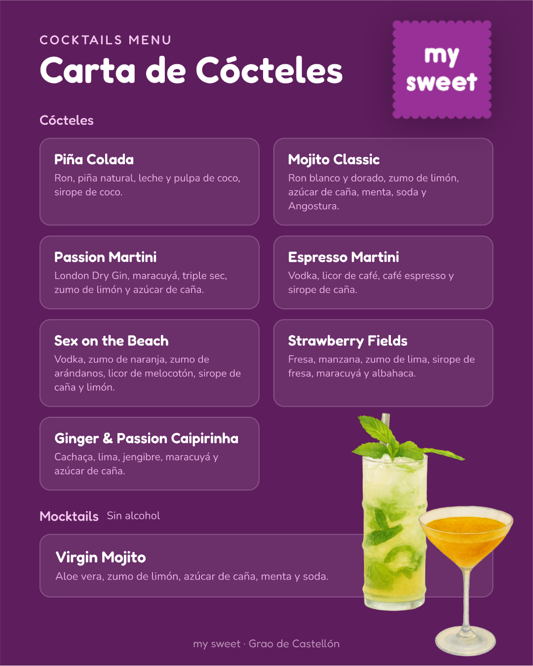 Menú de cócteles con descripciones y dos imágenes de cócteles, uno verde y otro naranja, en my sweet - Grao de Castellón