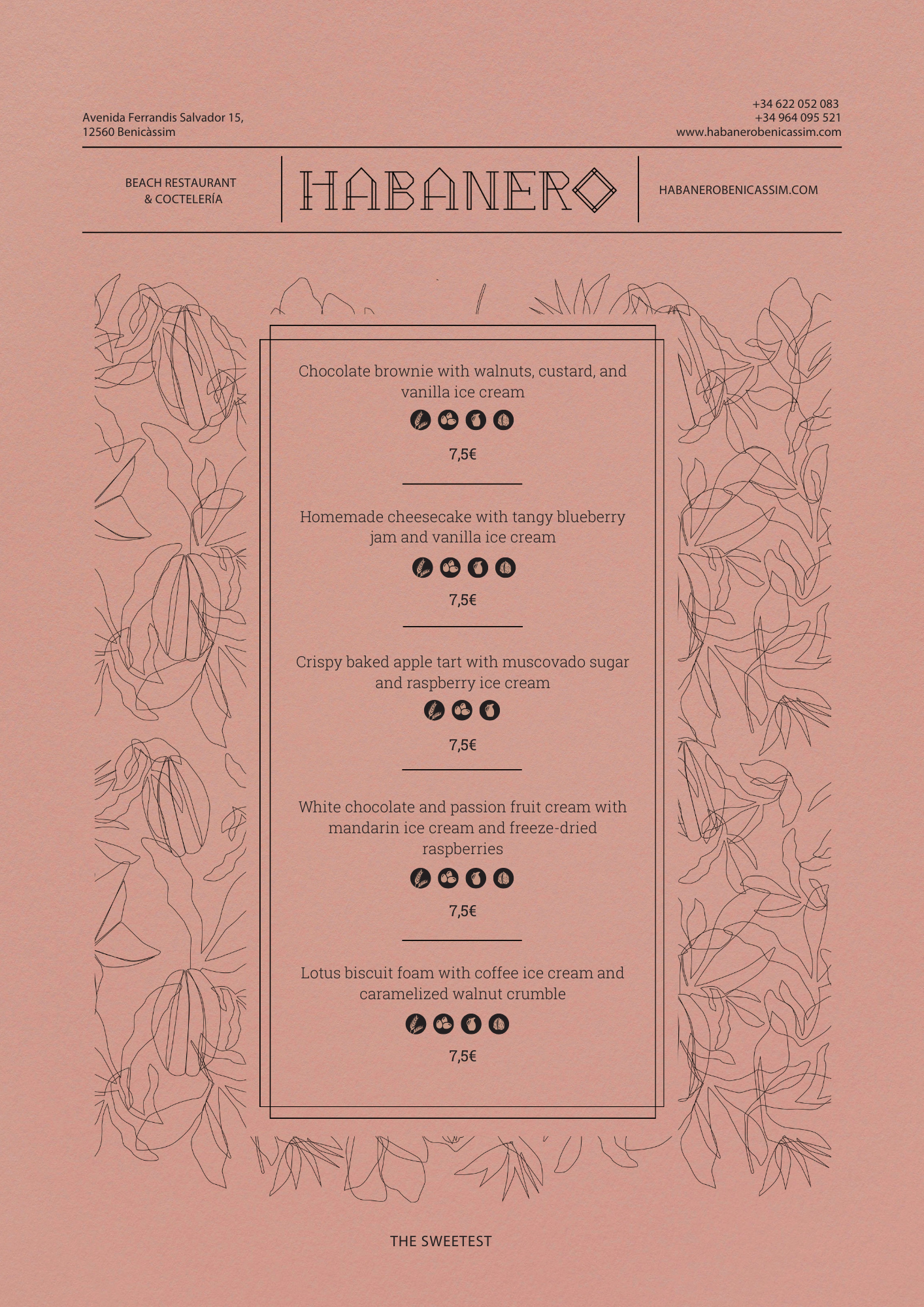Menú de postres de Habanero con precios y descripciones, fondo rosa con ilustraciones florales.