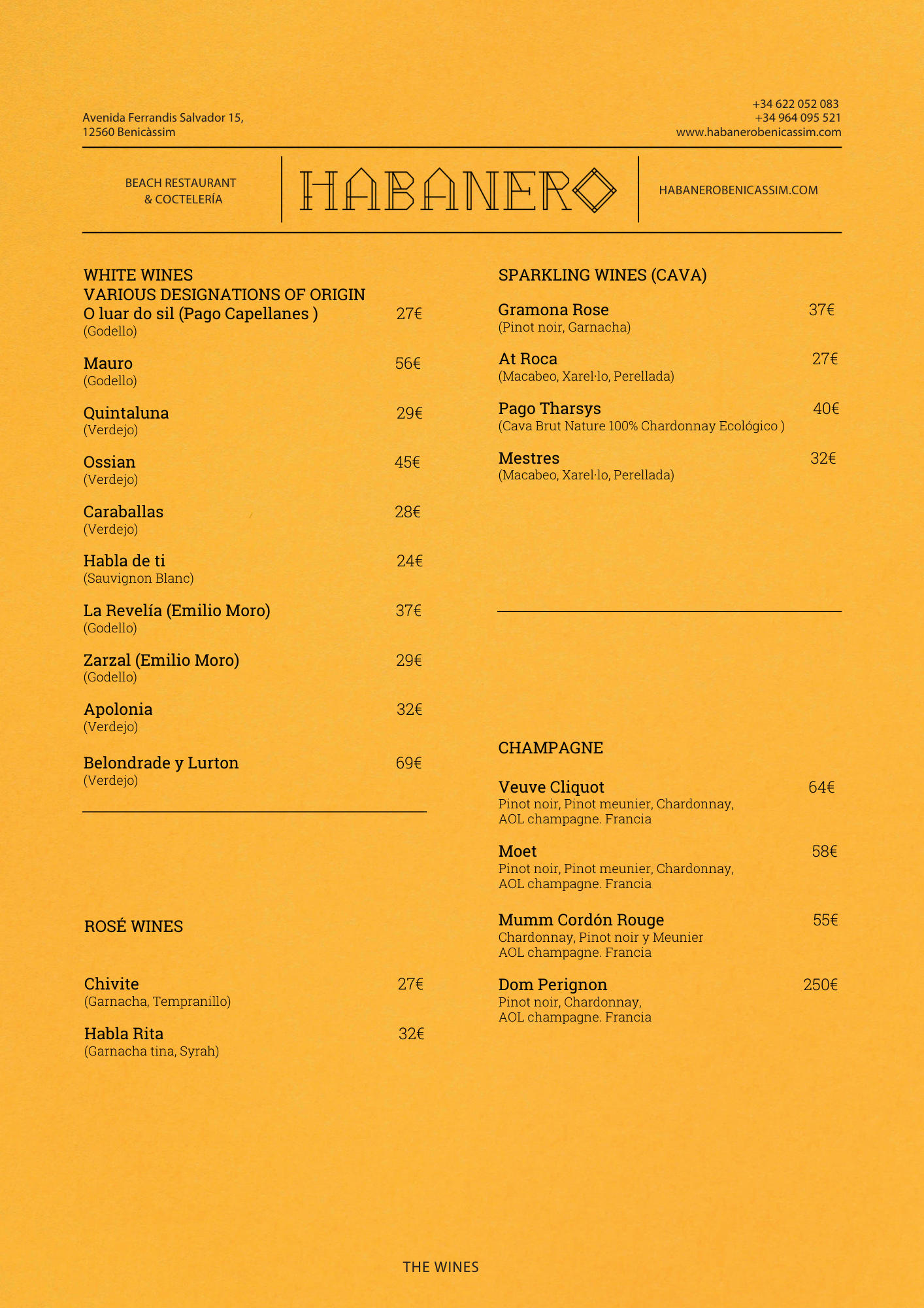 Menú de vinos del restaurante Habanero, con secciones de vinos blancos, rosados, espumosos y champán.