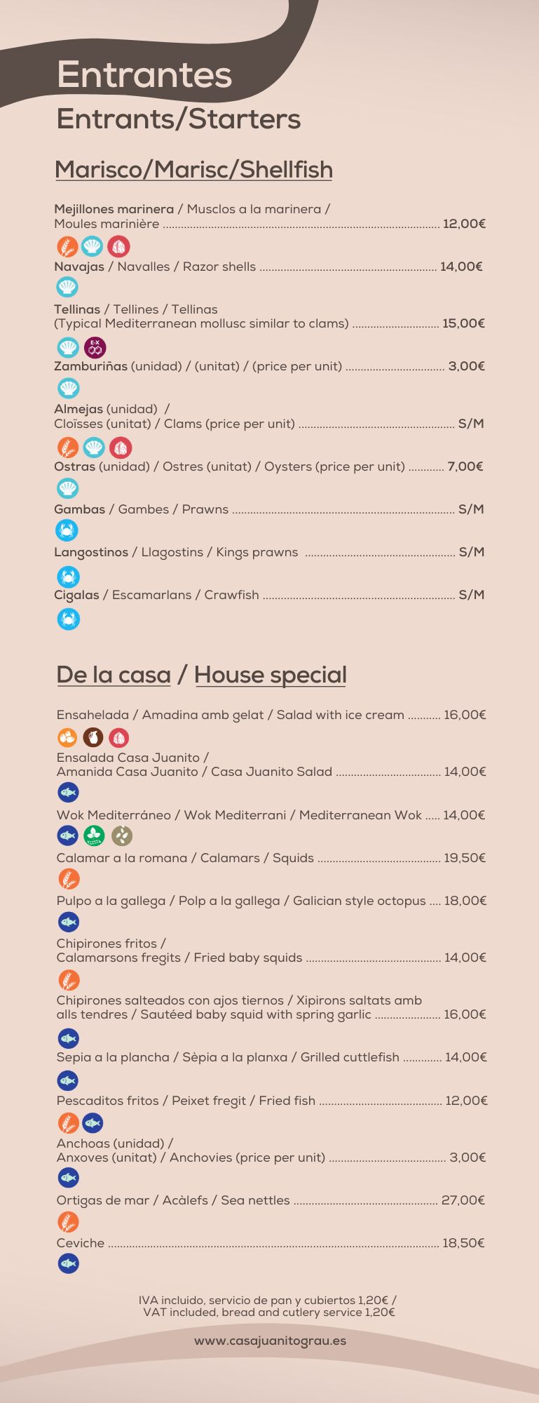 Menú de entrantes con precios en Carta Multimedia, incluye mariscos y especialidades de la casa.