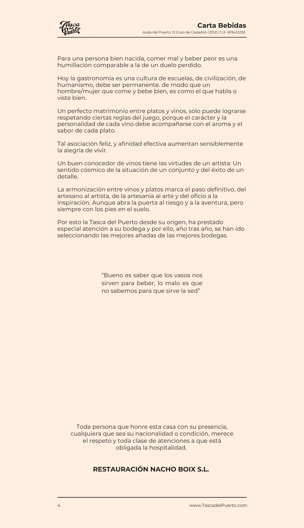 Texto de Carta Bebidas de Restaurante Nacho Boix S.L. sobre la importancia del vino y la gastronomía.