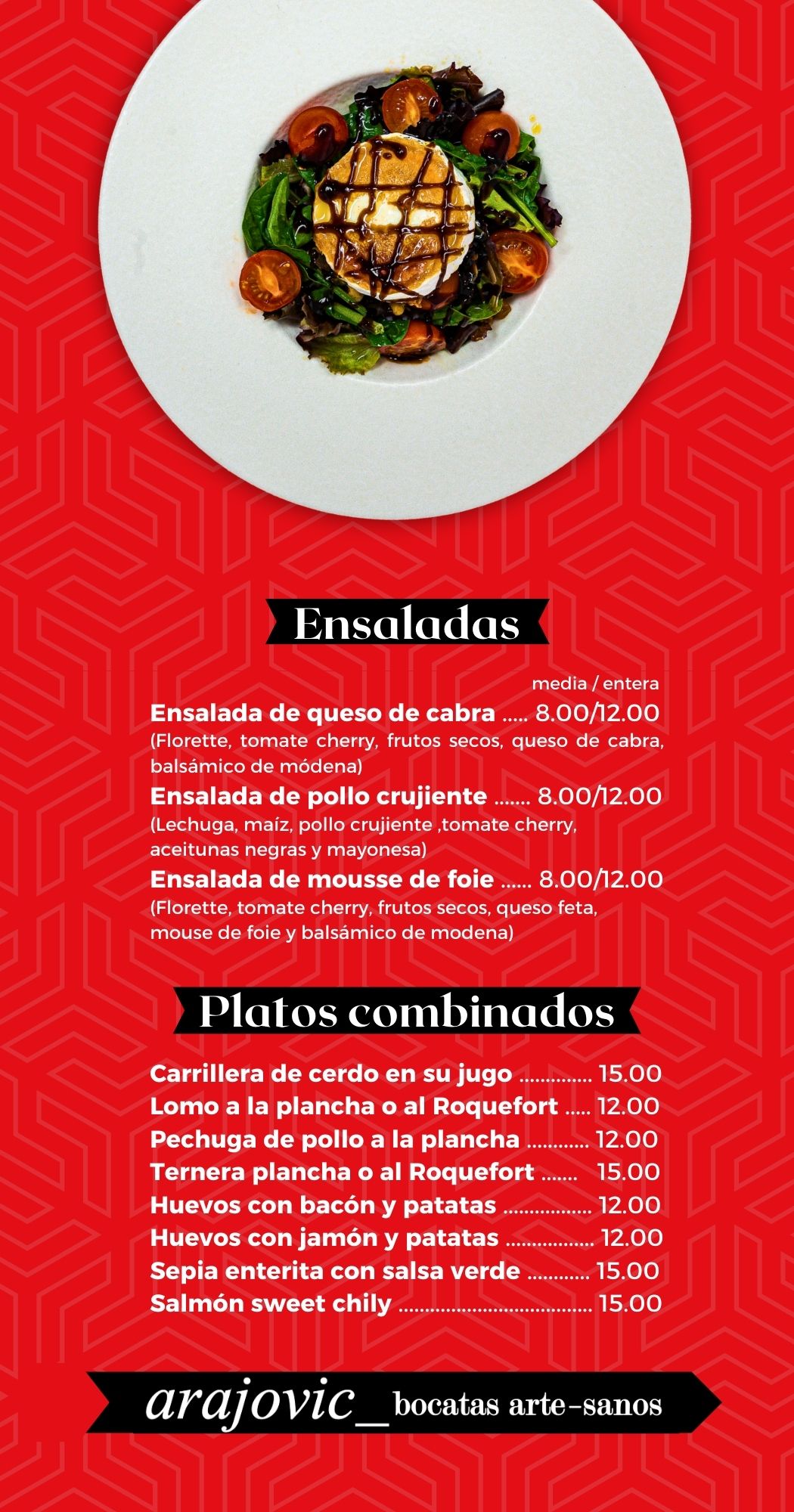 Plato de ensalada con queso de cabra, tomates cherry y nueces sobre fondo rojo con menú de ensaladas y platos combinados.