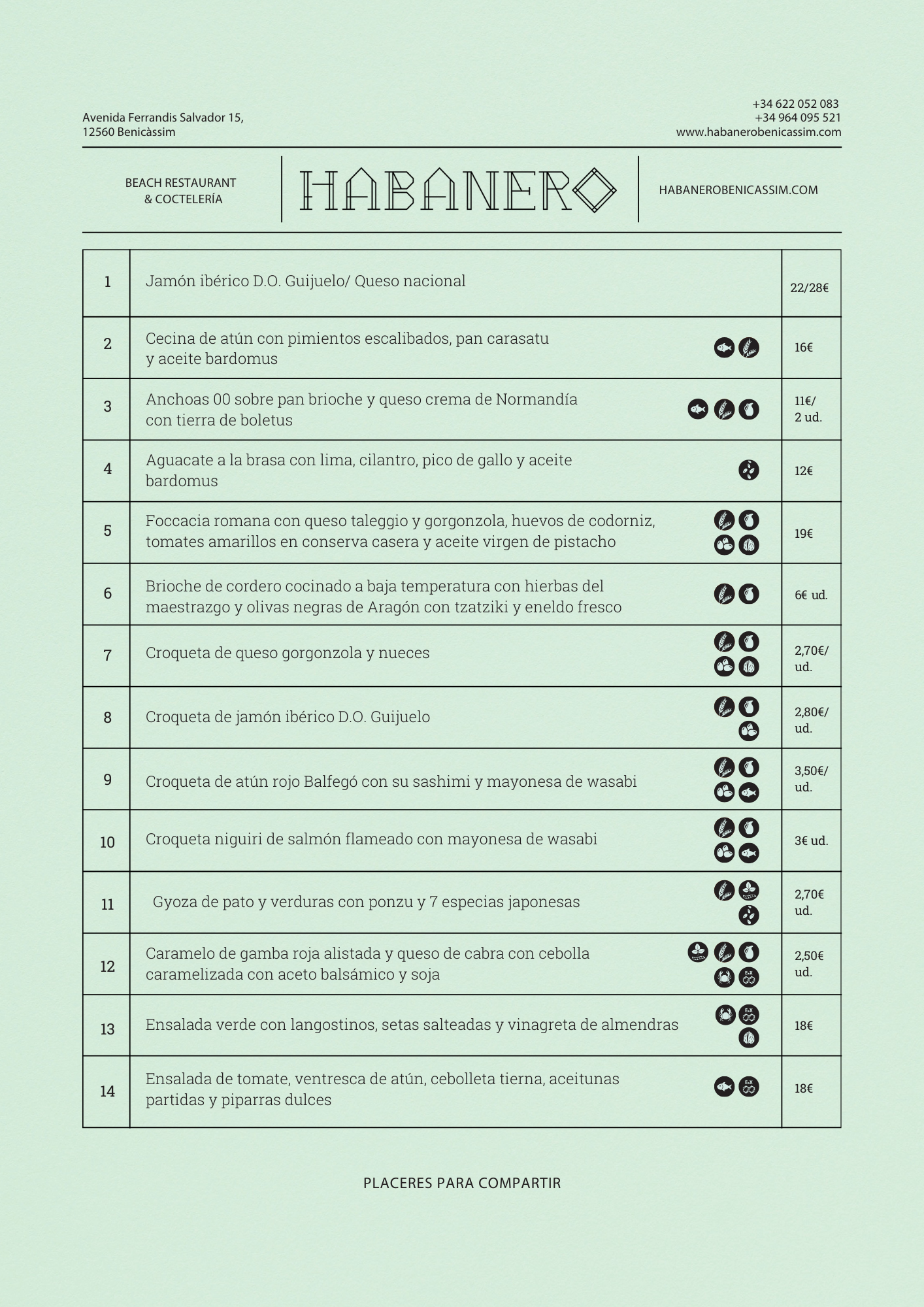 Menú de restaurante con platos como jamón ibérico, anchoas, aguacate a la brasa y postres variados, con precios en euros