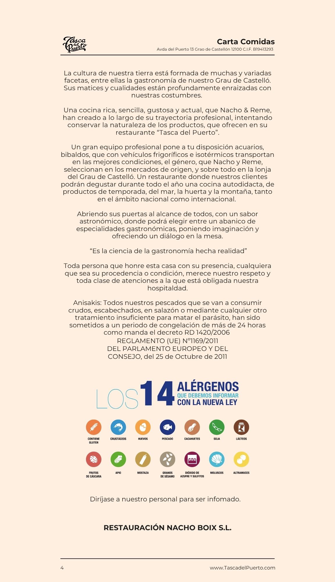 Página de menú de restaurante con texto sobre cultura gastronómica, equipo profesional y contacto de Tasca del Puerto.