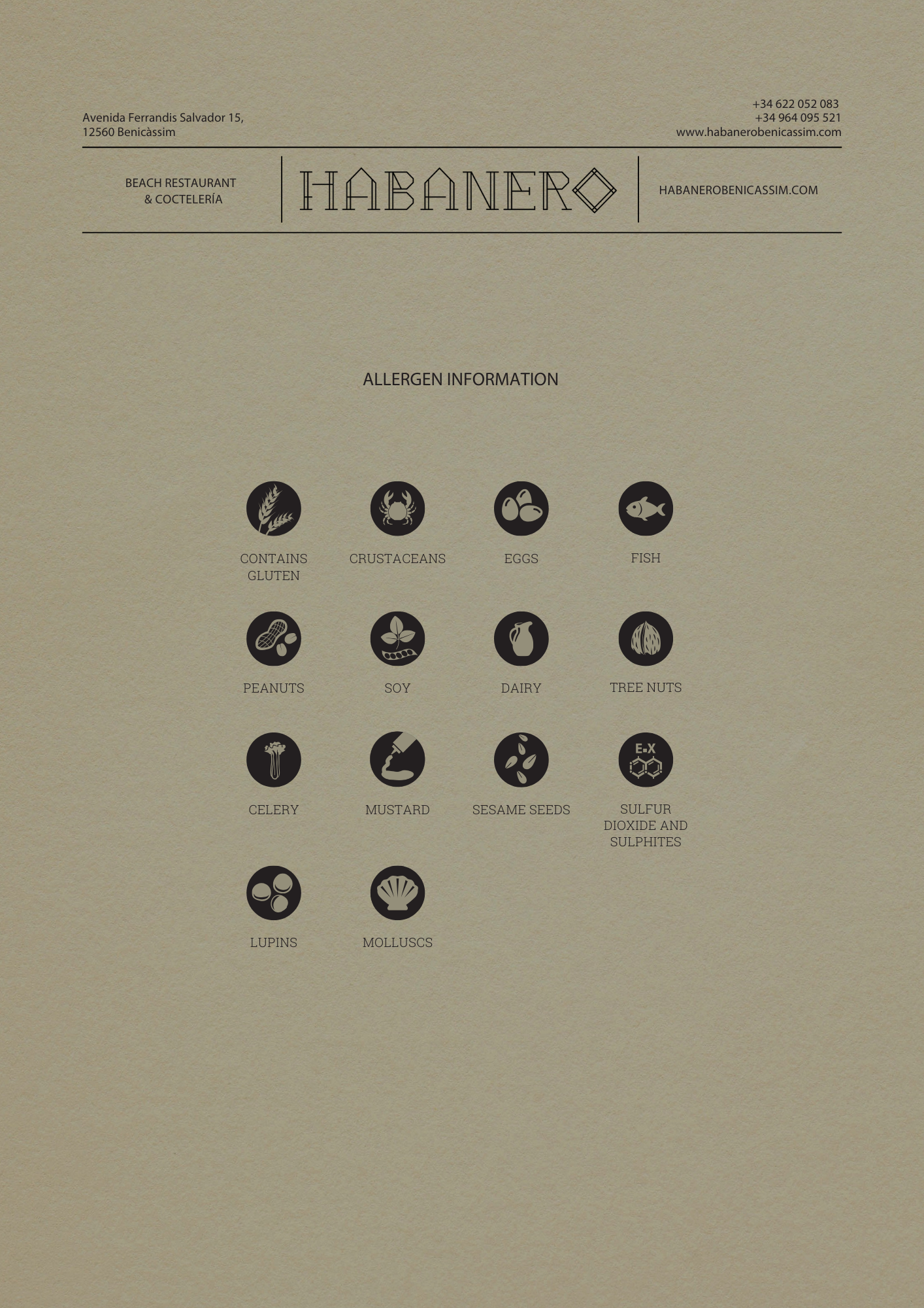 Iconos de alérgenos en fondo beige con texto de contacto y ubicación del restaurante Habanero en Benicasim