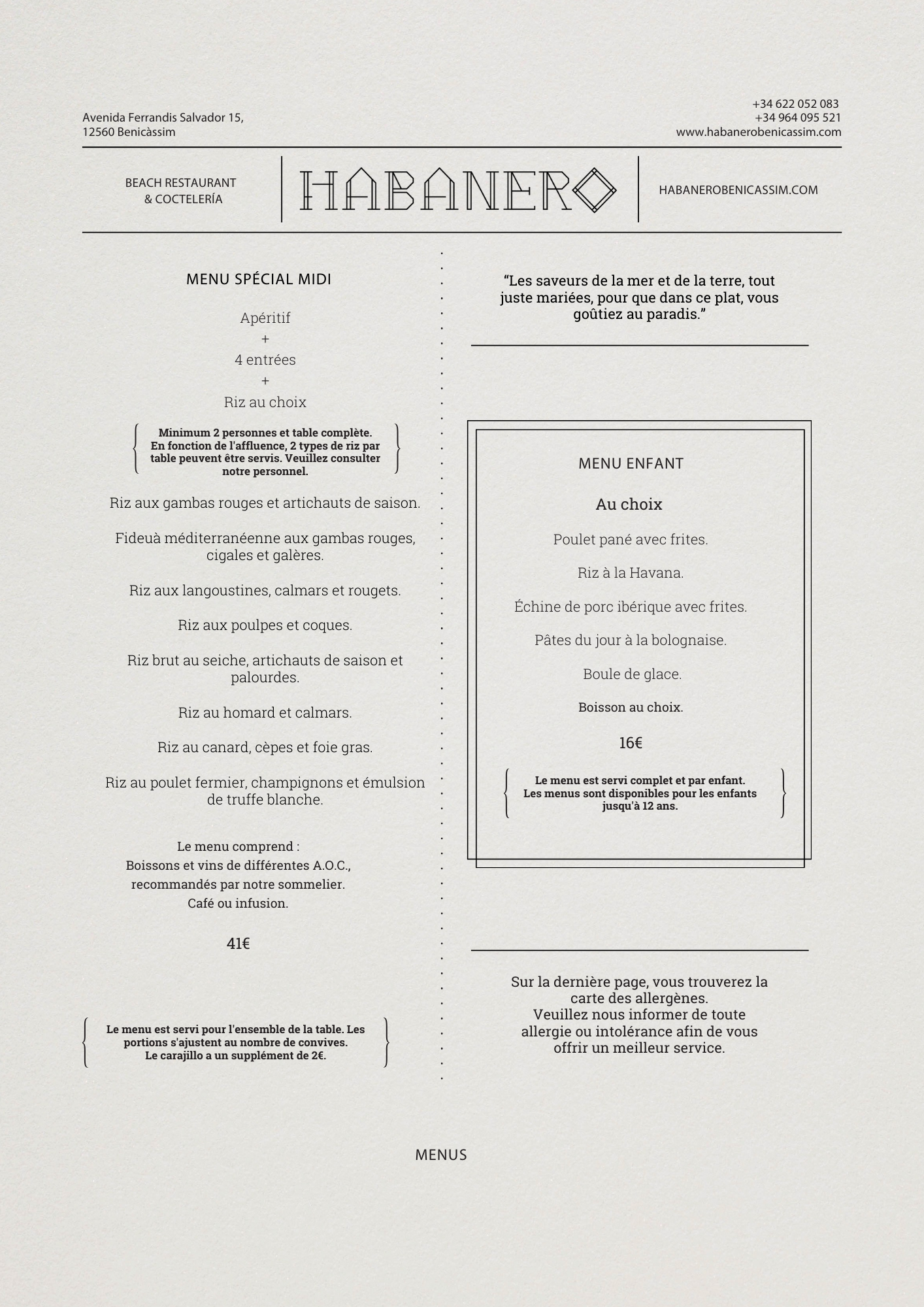Menú de restaurante Habanero en papel, con secciones para menú especial de mediodía y menú infantil, en francés.