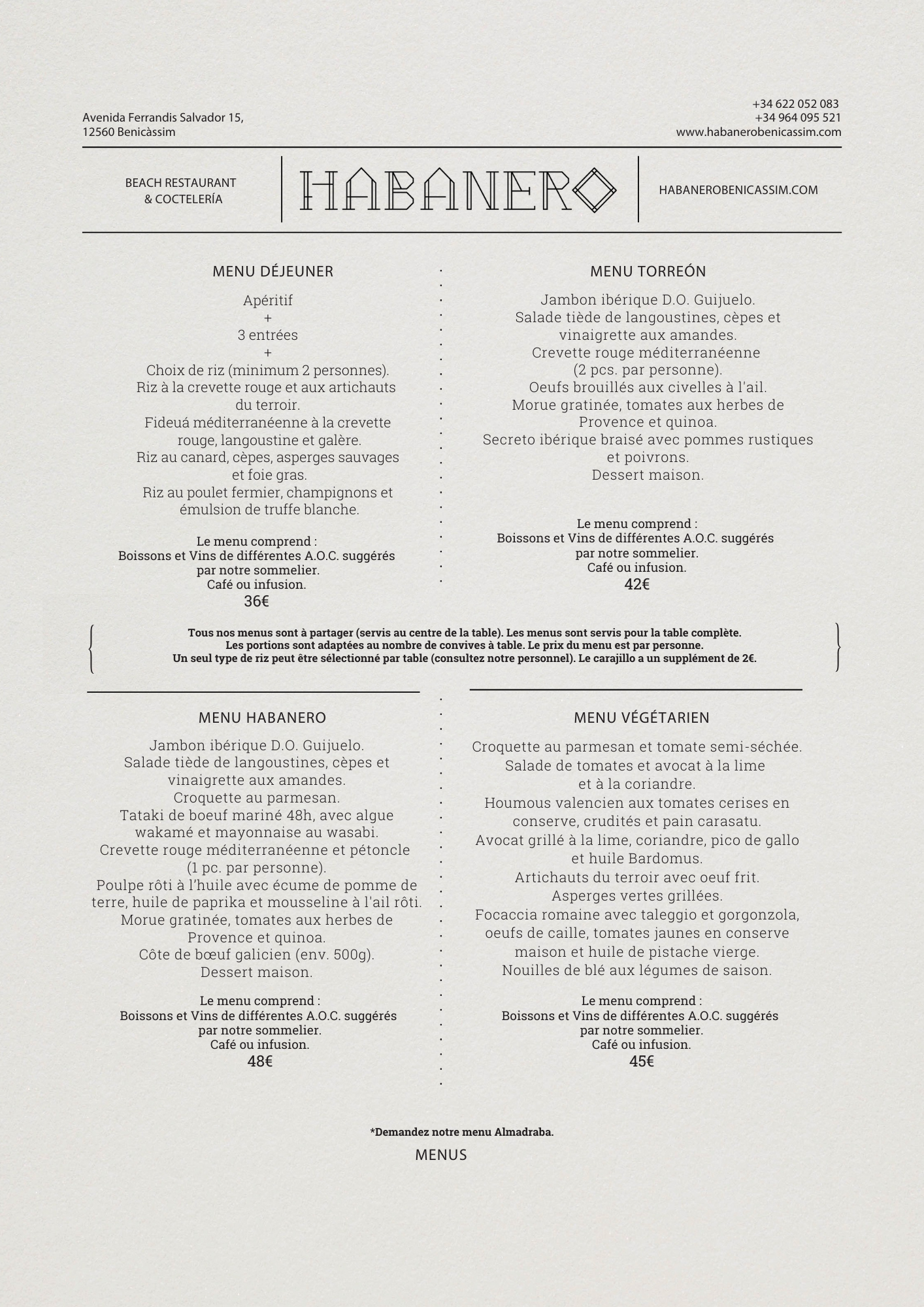 Menú de restaurante Habanero con opciones de aperitivos, platos principales y postres, incluye precios y bebidas.