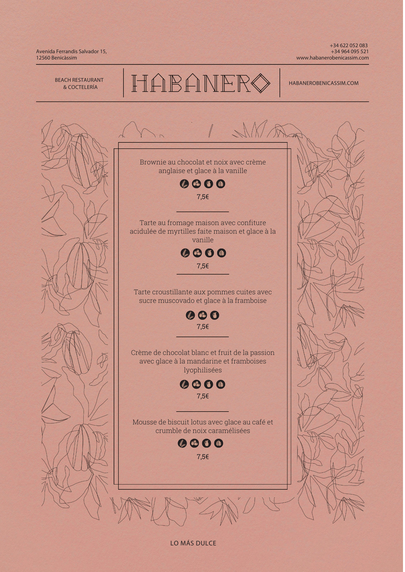 Menú de postres de Habanero con precios, incluye brownie, tarta de queso y mousse de chocolate.
