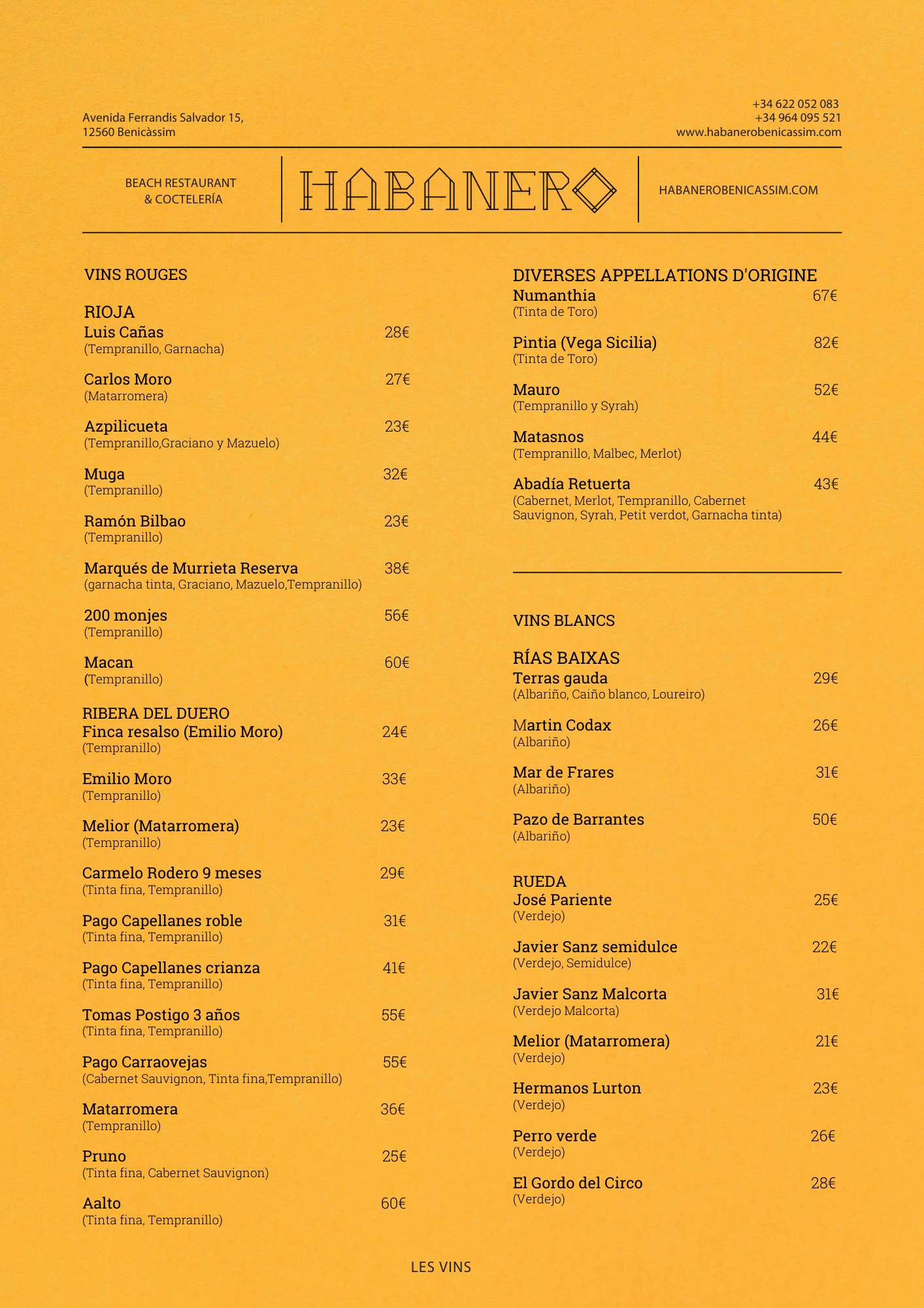 Menú de vinos del restaurante Habanero en Benicàssim, con precios y variedades de vinos tintos y blancos.
