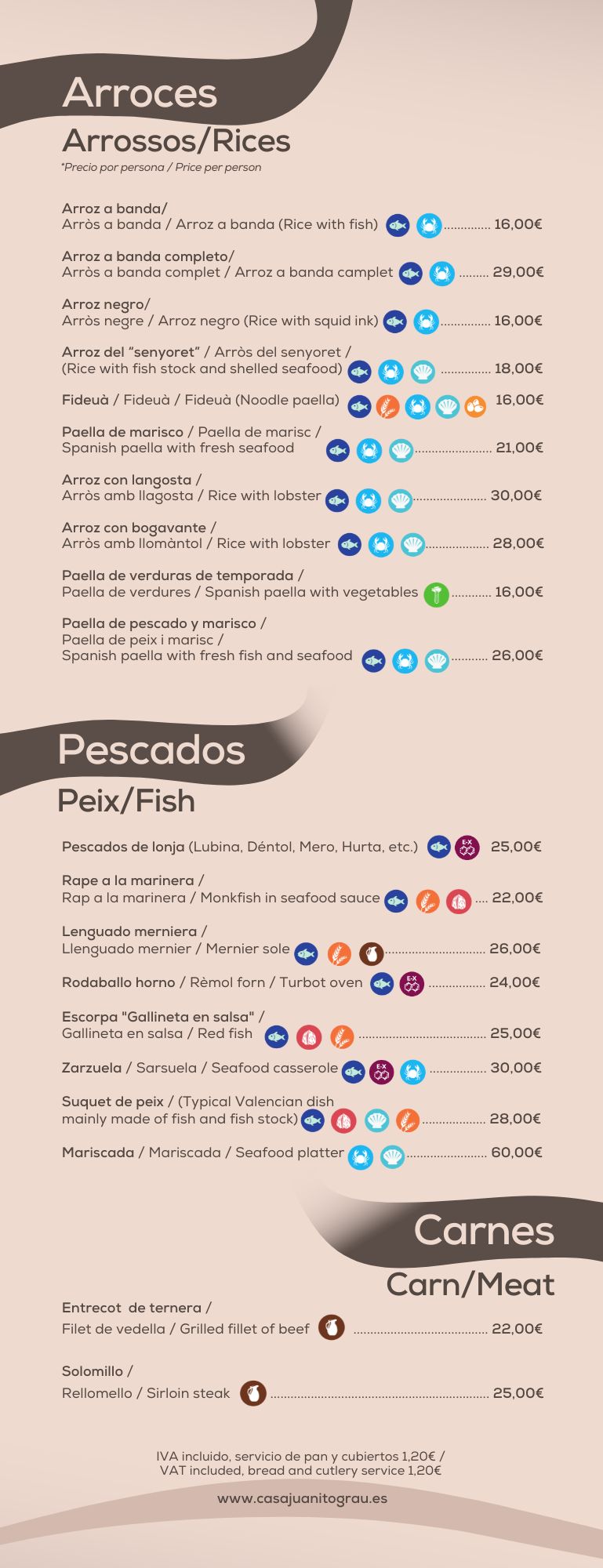 Menú de un restaurante con secciones de arroces, pescados y carnes, precios en euros y opciones de alérgenos.