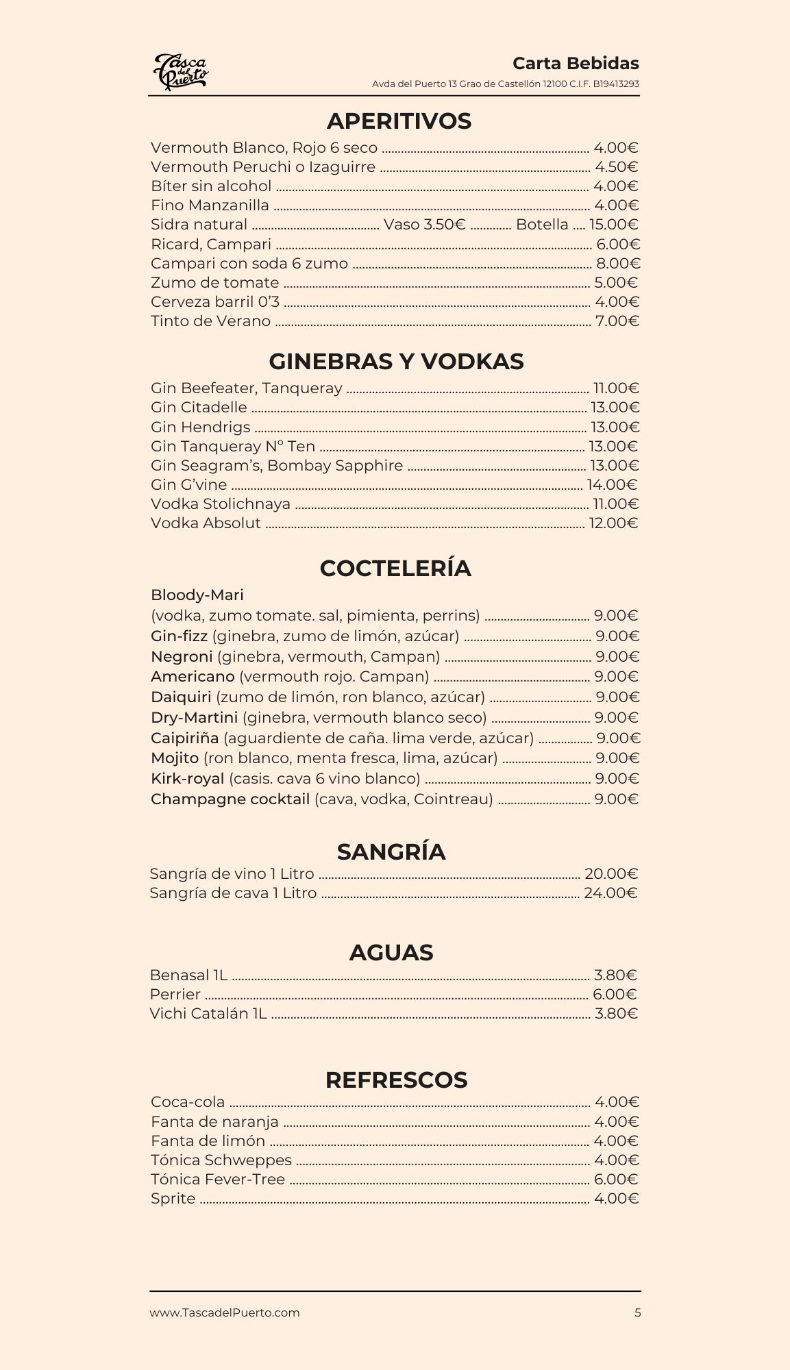 Menú de bebidas de Carta Multimedia con aperitivos, ginebras, coctelería, sangría, aguas y refrescos, precios incluidos