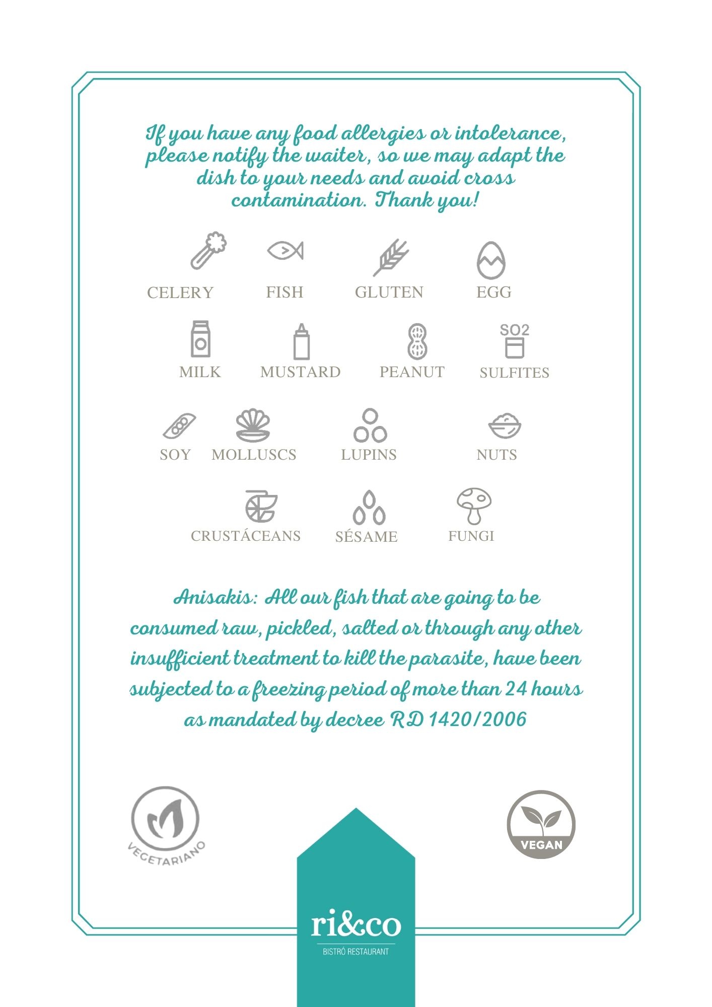 Ilustraciones de alérgenos alimentarios con texto sobre notificación de alergias en ri&co bistro restaurant