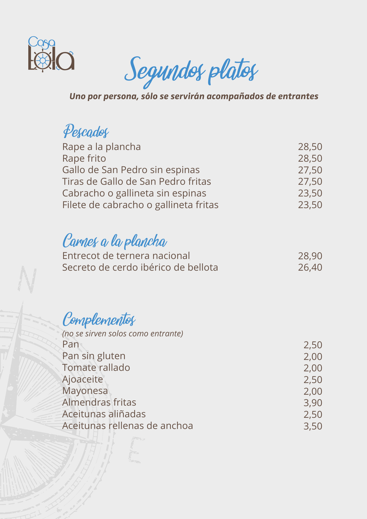 Menú de segundos platos con precios, incluye pescados, carnes a la plancha y complementos.