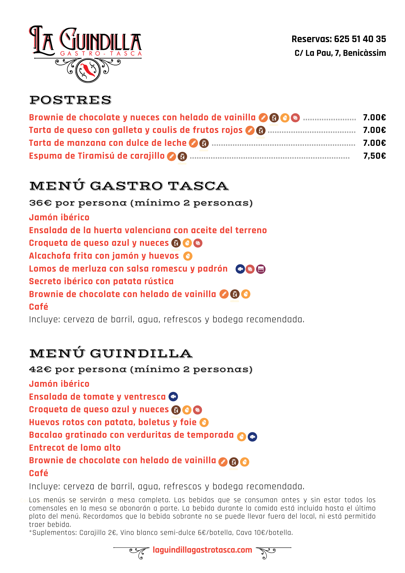 Menú de postres y platos principales de La Guindilla Gastro Tasca en Benicàssim, con precios y recomendaciones.