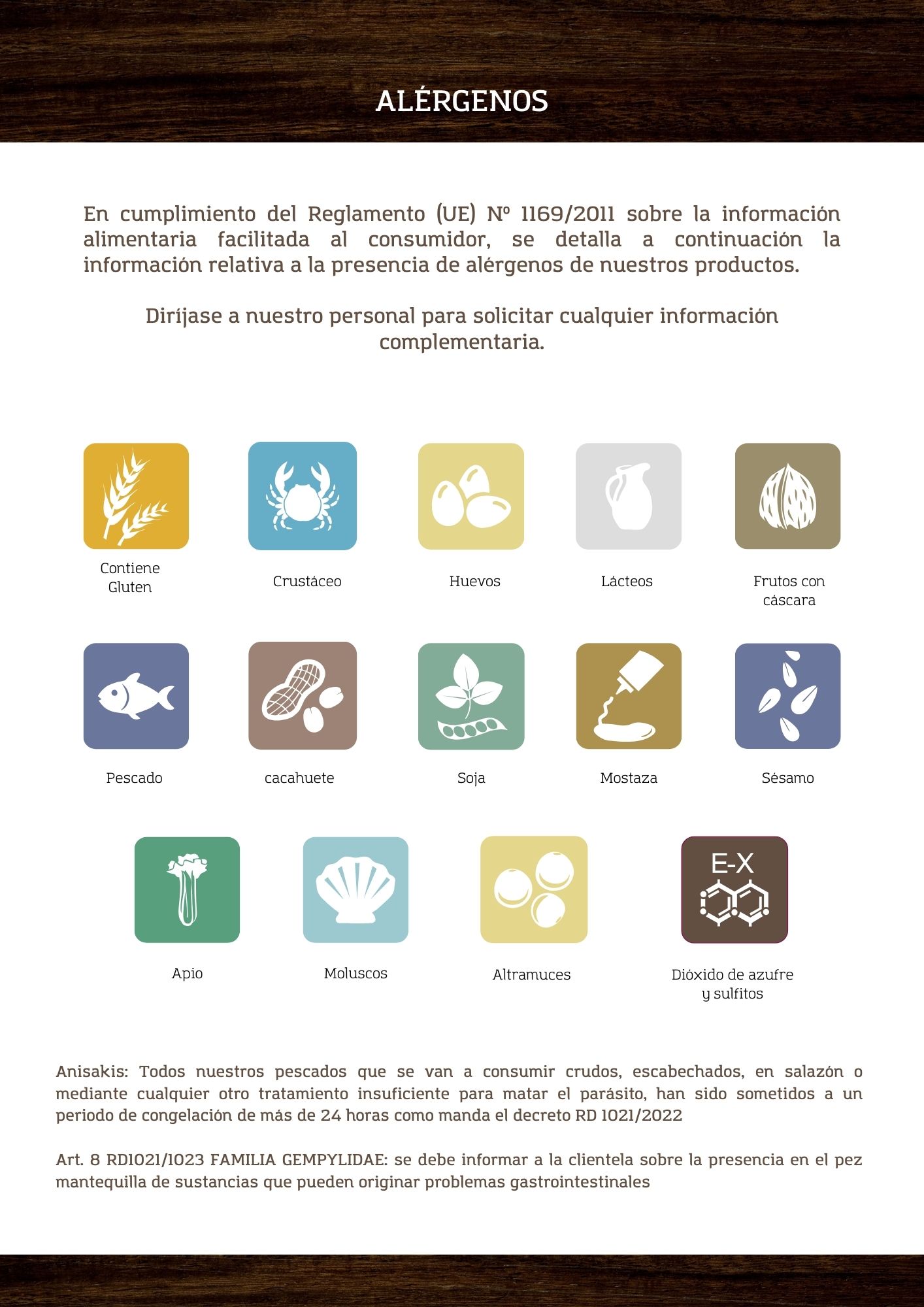 Iconos de alérgenos alimentarios con texto sobre la importancia de informar sobre alérgenos según normativa europea.