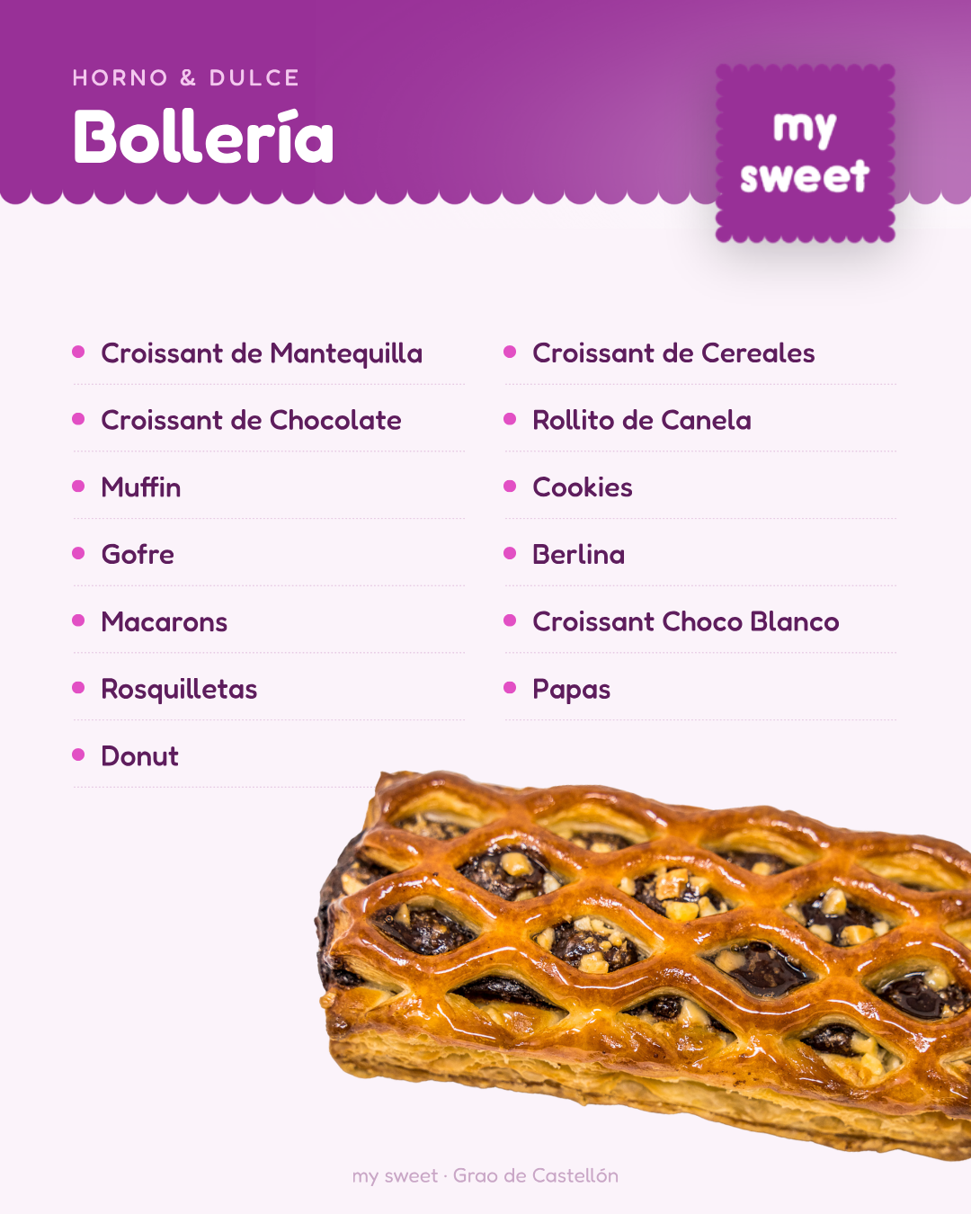 Lista de bollería con fondo morado y foto de pastel de hojaldre con frutas.