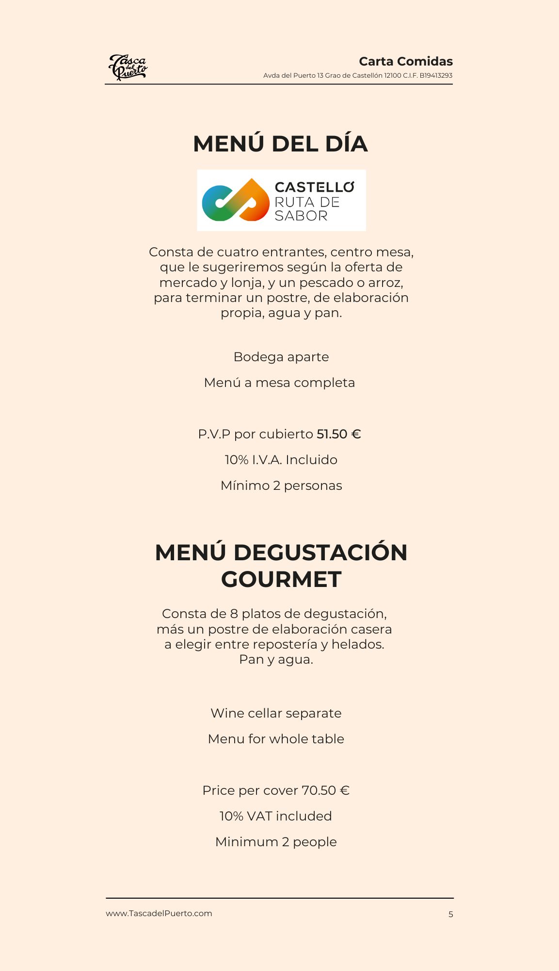 Menú del día y degustación gourmet con precios y condiciones, logotipo de Castelló Ruta de Sabor en la parte superior.