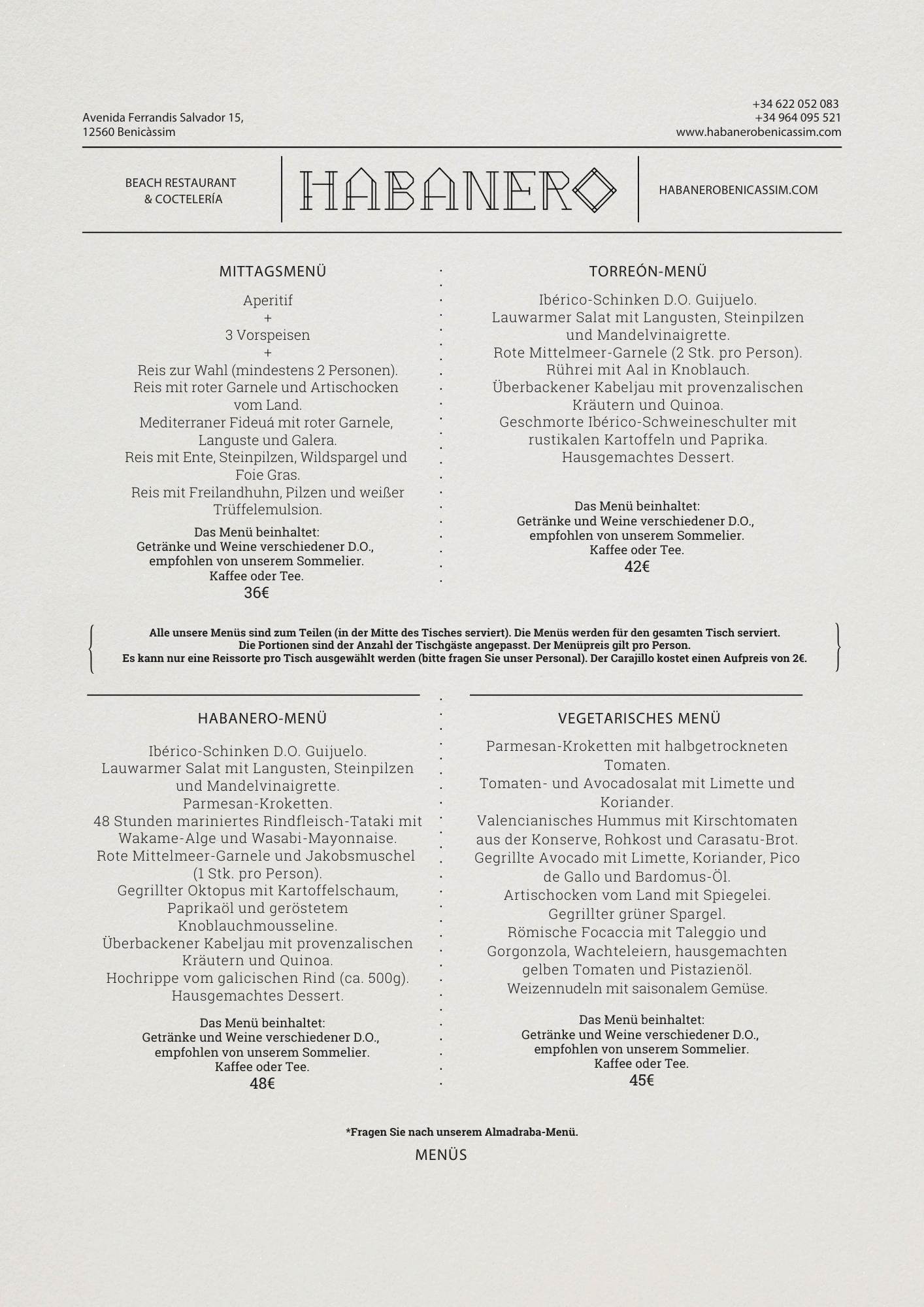 Menú del restaurante Habanero con opciones de almuerzo, cena y vegetariano, incluyendo precios y dirección de contacto.