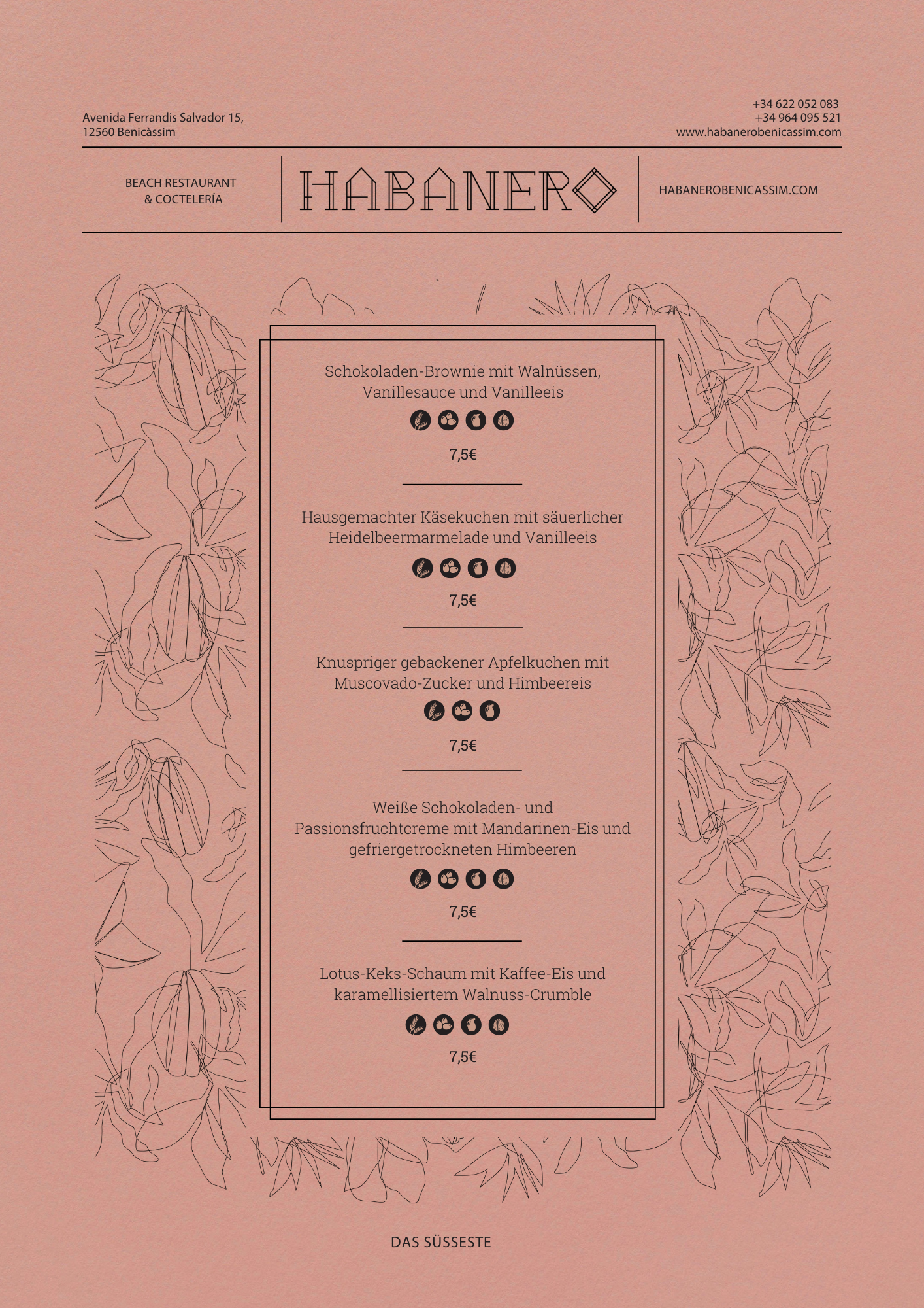 Menú de postres de Habanero en papel rosa con precios y descripciones en alemán. Decorado con ilustraciones florales.