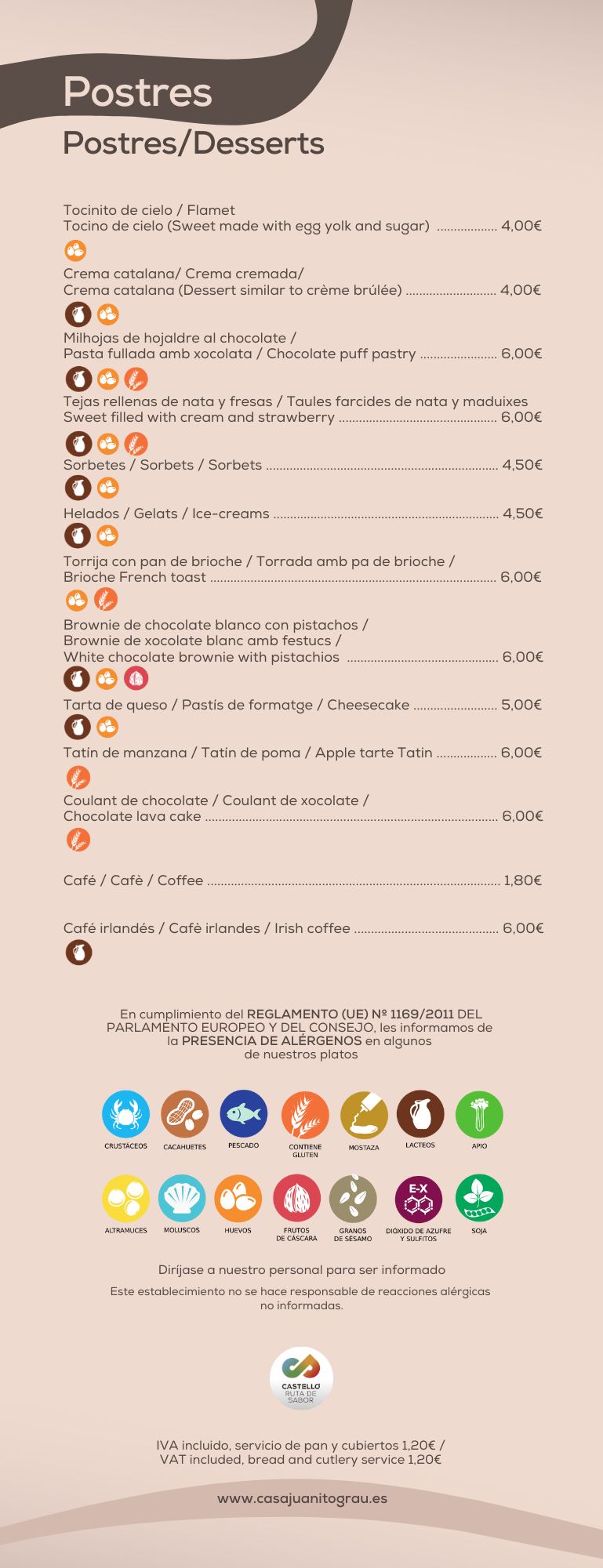Menú de postres con precios, incluye helados, tartas y café en Carta Multimedia para restaurantes.