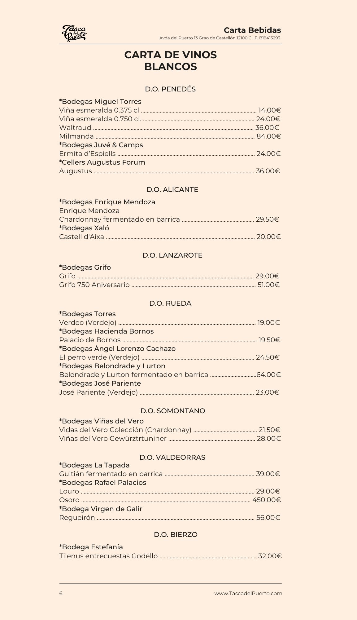 Lista de vinos blancos con denominaciones de origen y precios, destacando bodegas como Miguel Torres y Enrique Mendoza