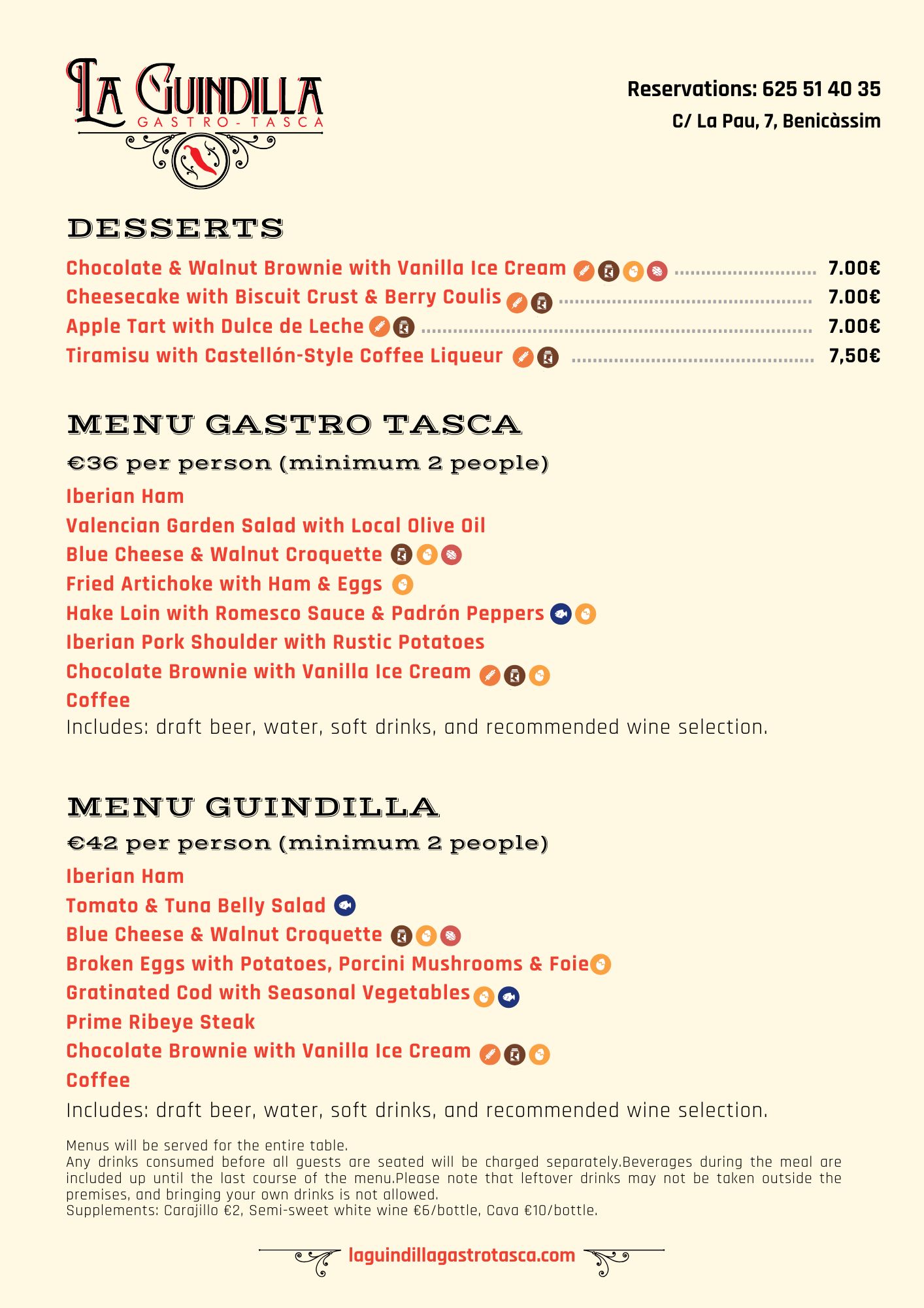 Menú de postres y platos de La Guindilla en Benicàssim, con precios y descripciones detalladas de cada opción.