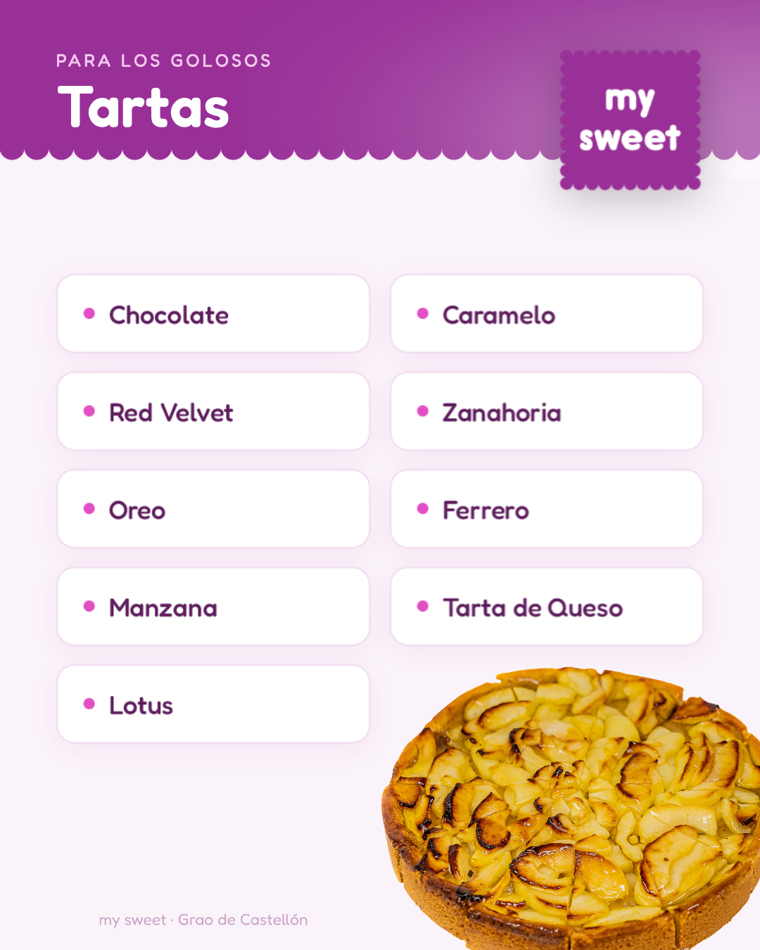 Lista de tartas con opciones como chocolate, zanahoria y tarta de queso, junto a una tarta de manzana.
