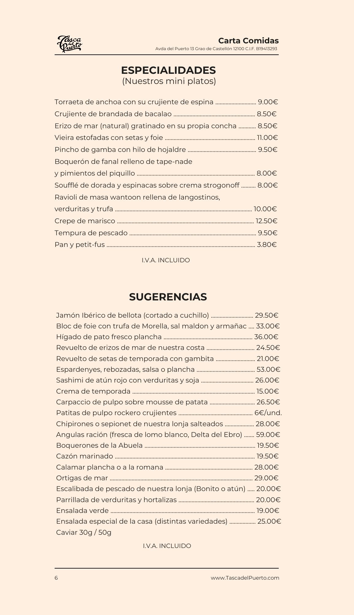 Menú de especialidades y sugerencias de un restaurante, con precios en euros, incluyendo platos como torreta de anchoa y ravi
