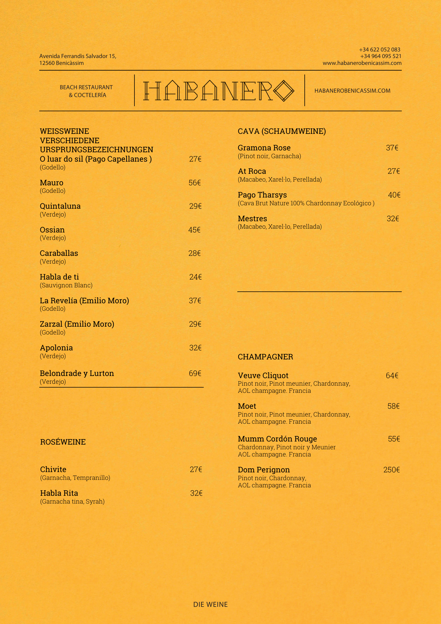 Menú de vinos del restaurante Habanero, incluye Weissweine, Roseweine, Cava y Champagner con precios en euros