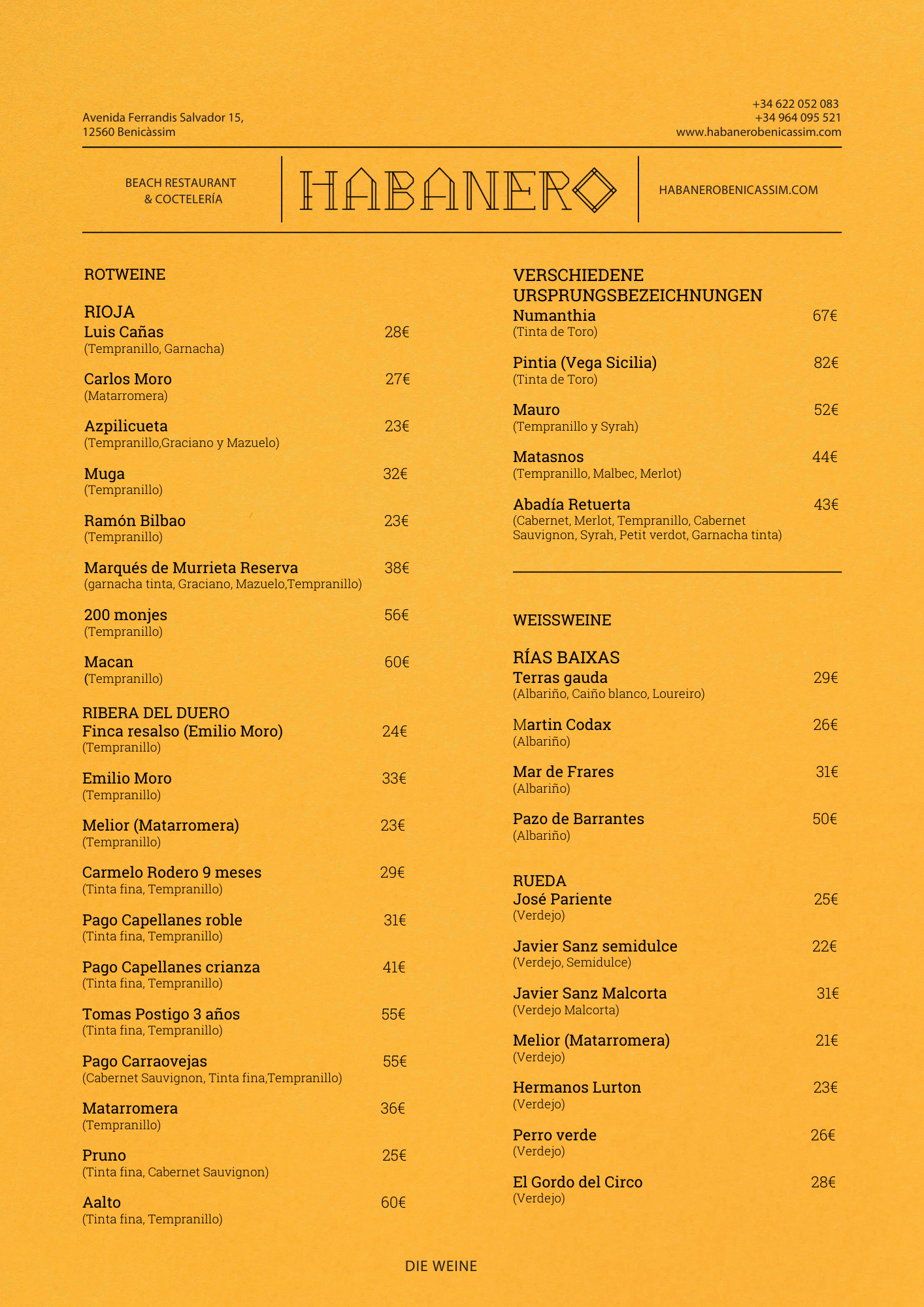 Menú de vinos del restaurante Habanero, listado de vinos con precios en euros, dividido en categorías por tipo de vino.