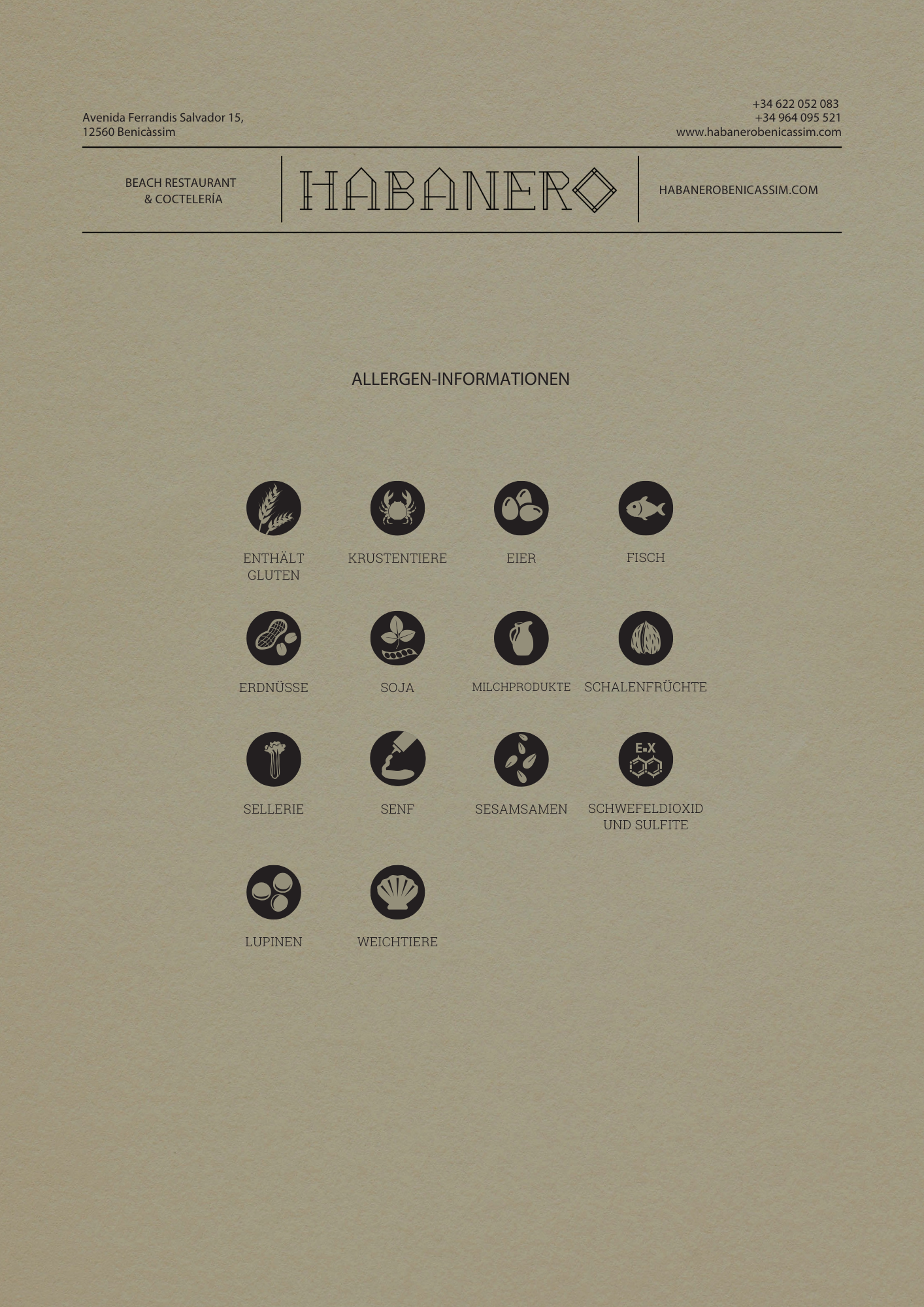 Iconos de alérgenos alimentarios sobre fondo beige en el menú de Habanero Beach Restaurant & Coctelería.