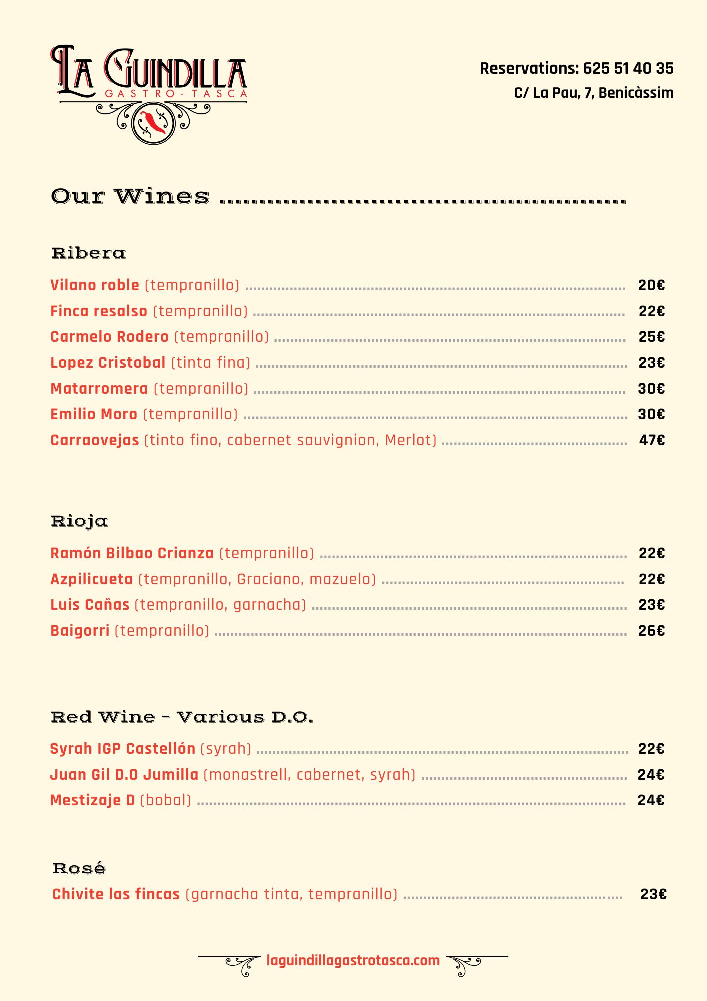 Lista de vinos de La Guindilla con precios, incluyendo Ribera, Rioja, vinos de diversas D.O. y rosado.