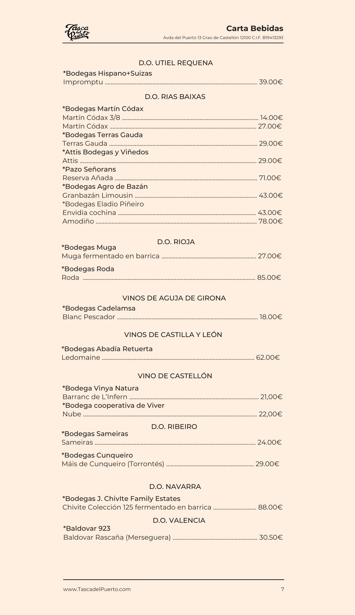 Lista de vinos con denominación de origen, precios a la derecha, encabezado "Carta Bebidas" arriba.