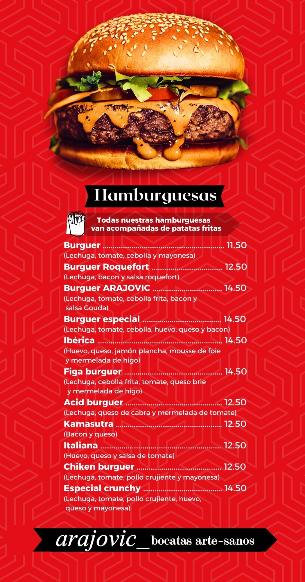 Hamburguesa doble con lechuga, tomate, cebolla y salsa en pan de semillas, sobre fondo rojo con menú de hamburguesas.