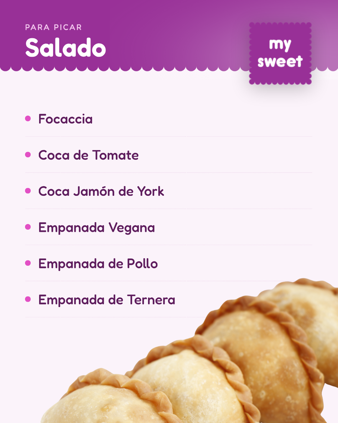 Menú de aperitivos con focaccia, coca de tomate, empanadas veganas, de pollo y ternera, sobre fondo morado.