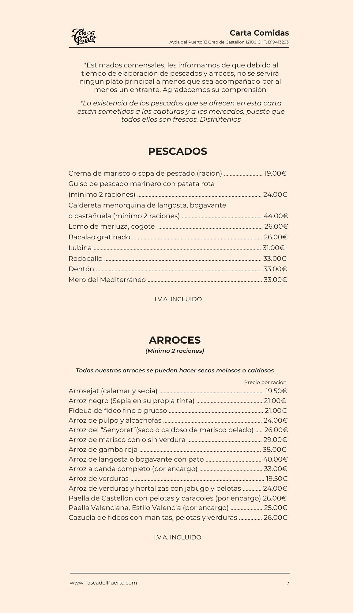 Menú de Carta Comidas con secciones de pescados y arroces, incluyendo precios detallados de cada plato.