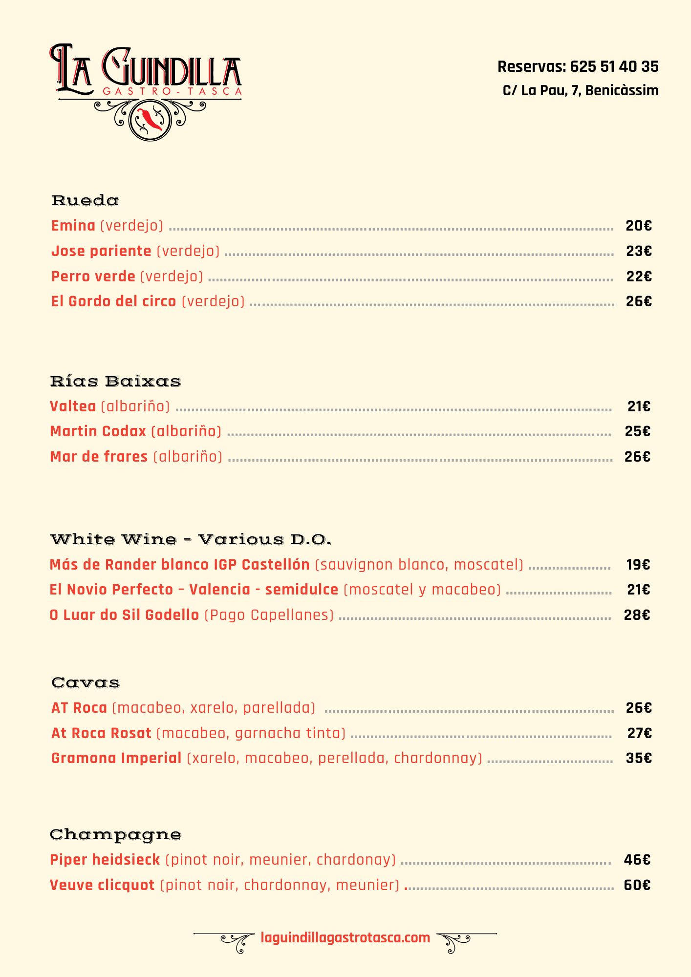 Menú de vinos y cavas de La Guindilla en Benicàssim, con precios y variedades como Rías Baixas, cavas y champán.
